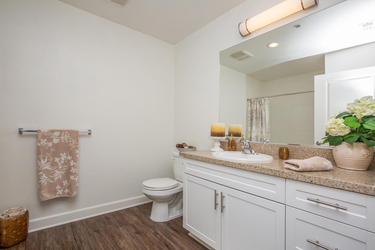 a kitchen with a sink and a mirror