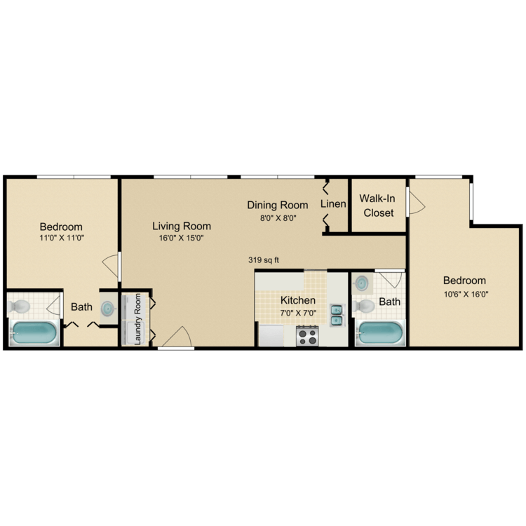 Floor plan image of 2 Bed 2 Bath Flat Renovated