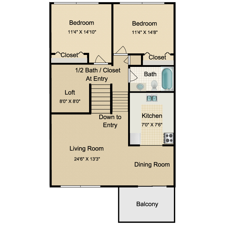 Floor plan image of 2 Bed 1.5 Bath Upper Inside