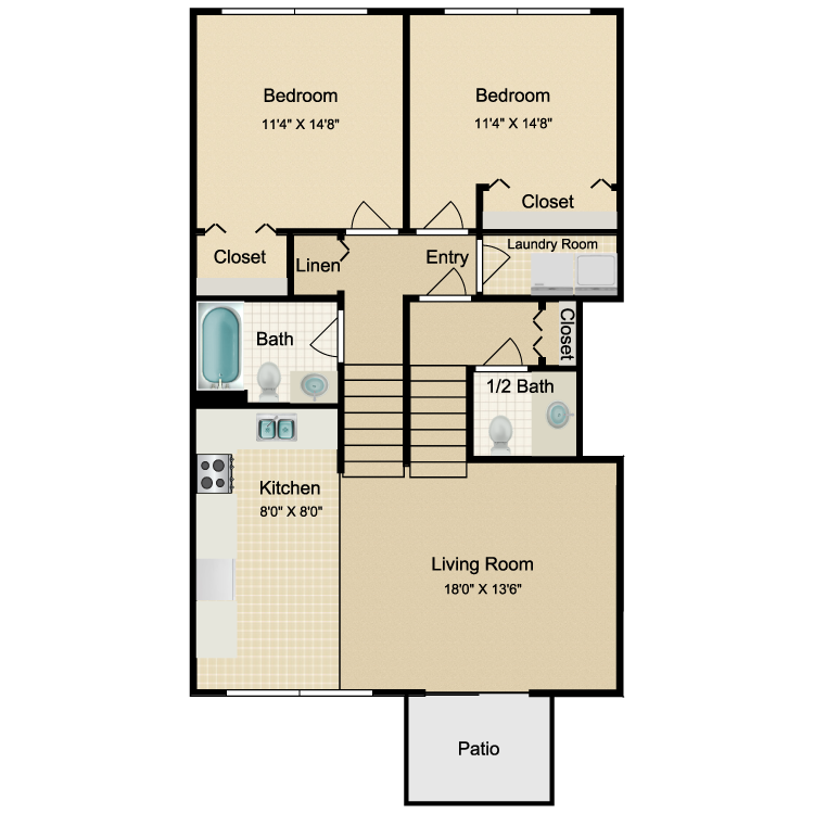 Floor plan image of 2 Bed 1.5 Bath Lower Renovated