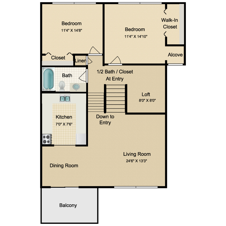 Floor plan image of 2 Bed 1.5 Bath Upper Outside