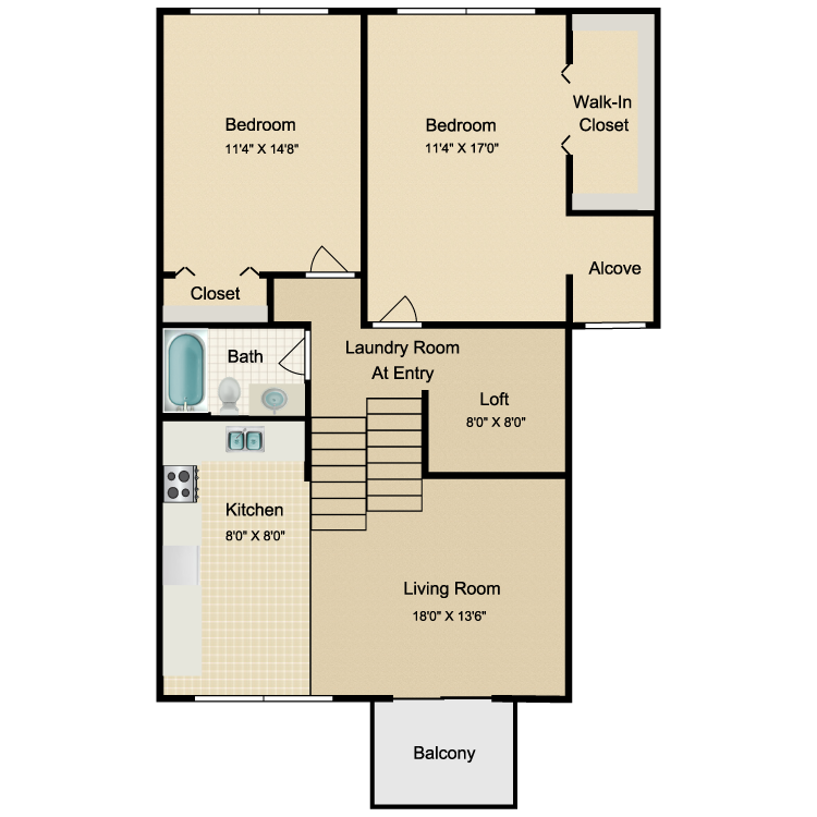 Floor plan image of 2 Bed 1 Bath Upper Renovated
