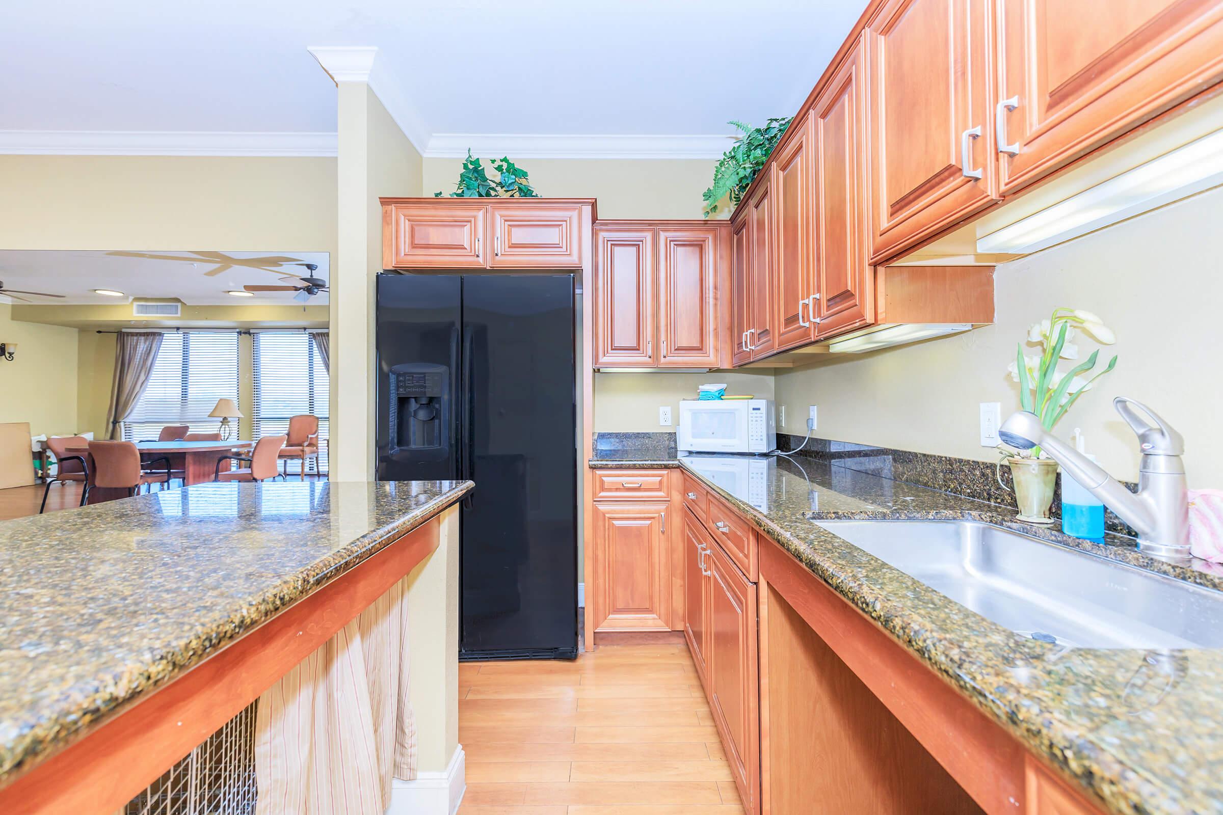 A modern kitchen featuring wooden cabinetry, granite countertops, and stainless steel appliances. The kitchen includes a black refrigerator, a microwave, and a sink. In the background, a dining area is visible with seating and large windows. Potted plants add a decorative touch to the space.