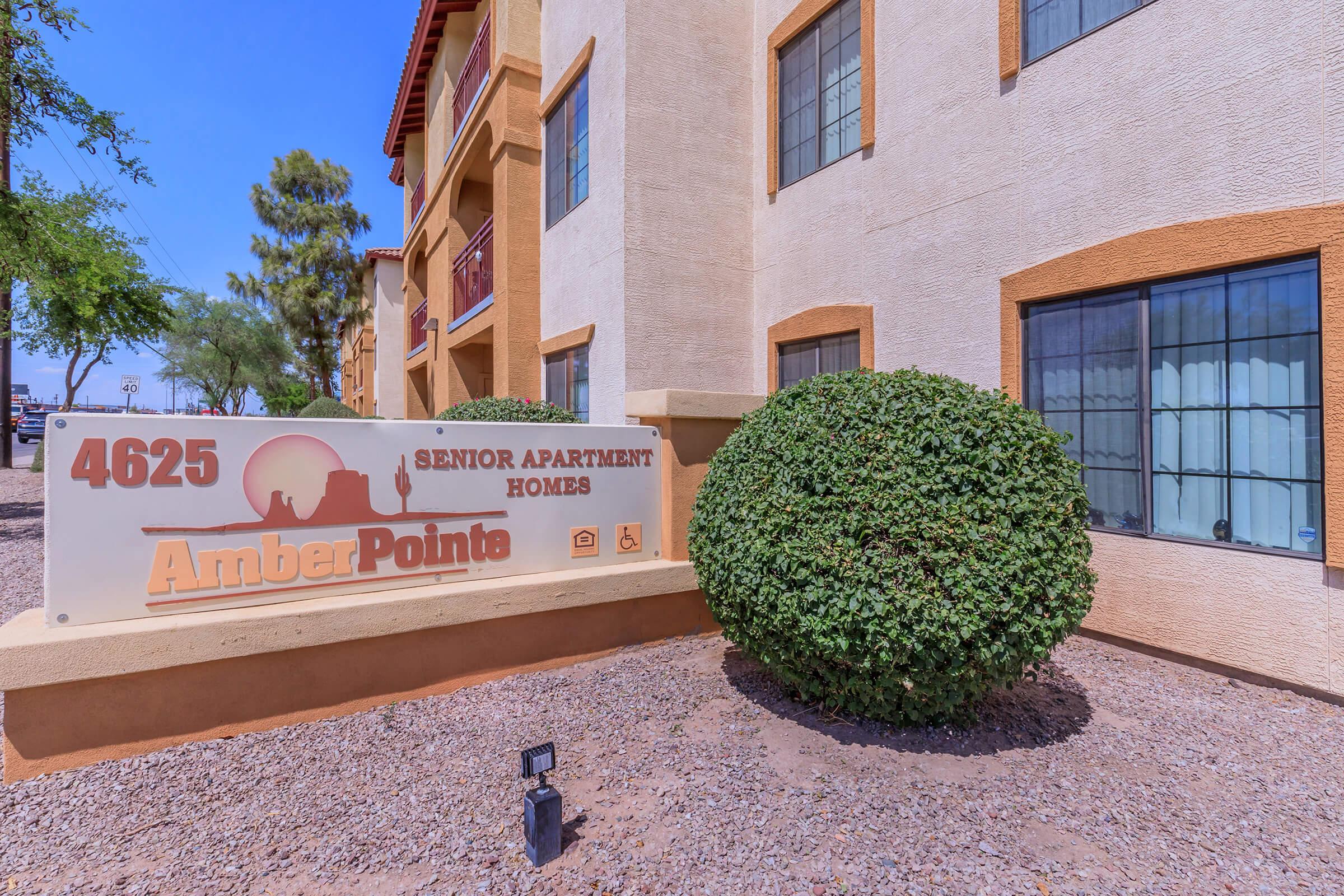 Sign for Amber Pointe Senior Apartment Homes located at 4625, featuring a decorative bush in front and a light fixture on the ground. The building has a beige exterior with various windows and a clear blue sky in the background.