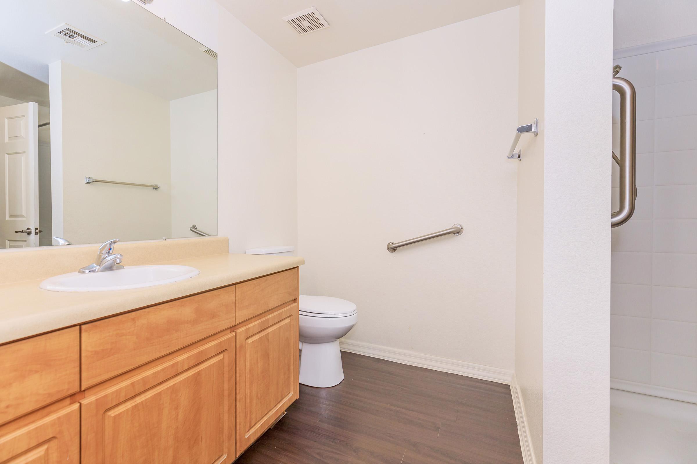A modern bathroom featuring a light-colored countertop with a single sink, a mirror above it, and wooden cabinetry. The space includes a toilet and a walk-in shower with grab bars, set against neutral walls. The flooring is dark, creating a contrast with the lighter elements.