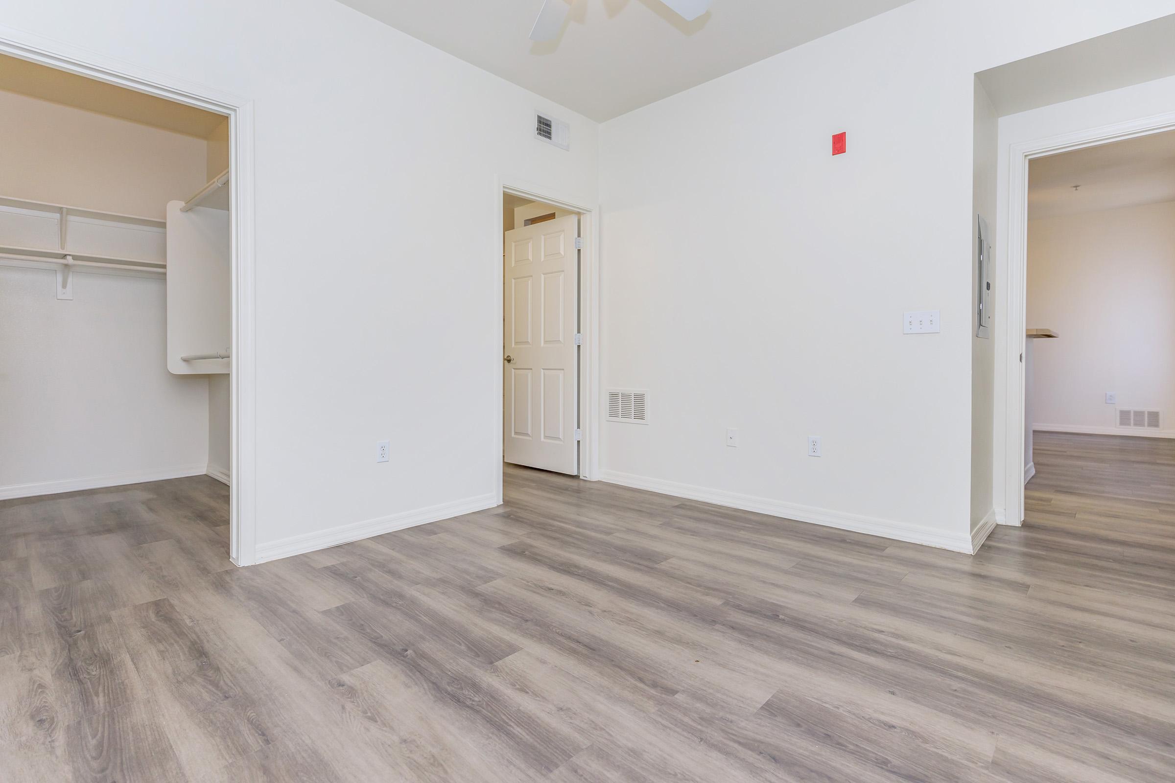 A spacious, empty room with light-colored walls and wooden flooring. To the left, there is a small closet with a hanging rod. In the background, there are two closed doors leading to other rooms. The lighting is bright, creating an inviting atmosphere.
