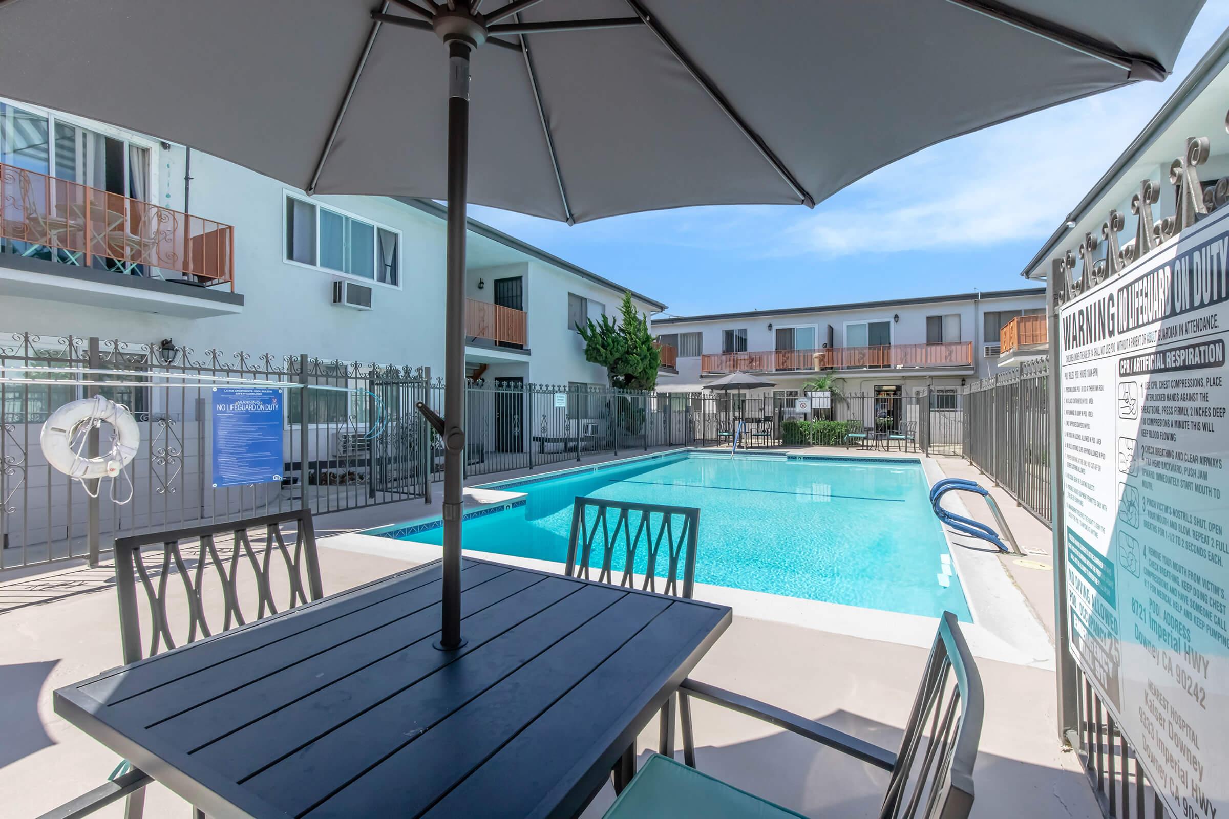 A view of a swimming pool surrounded by lounge chairs and a table with an umbrella. The pool area is fenced, with nearby buildings visible in the background, featuring balconies. A sign with pool regulations is displayed on the right side.