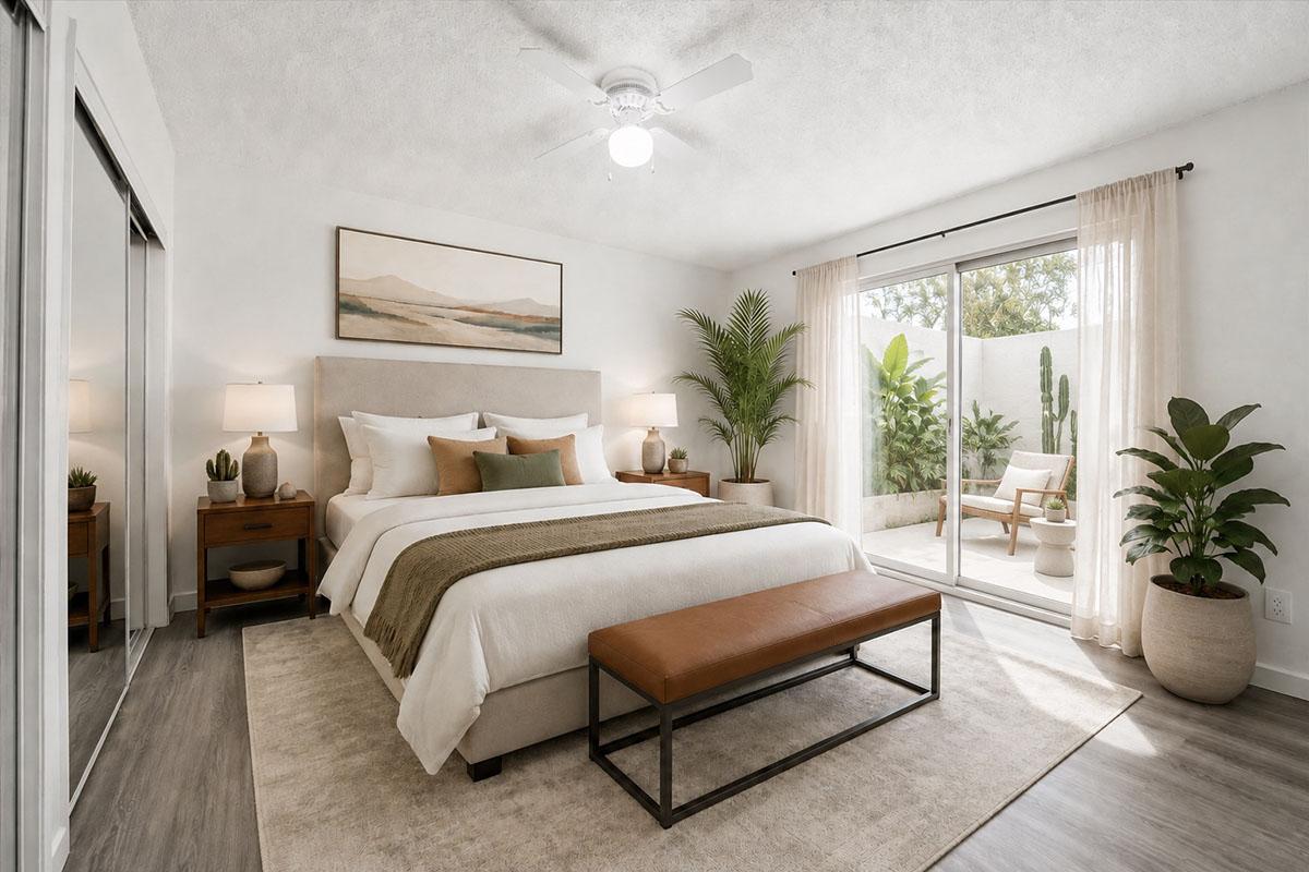 A modern, bright bedroom featuring a king-size bed with neutral bedding, a wooden bench at the foot, and stylish nightstands with lamps. Large windows provide natural light, showing a small patio with plants. A ceiling fan and indoor greenery add to the fresh, inviting atmosphere.