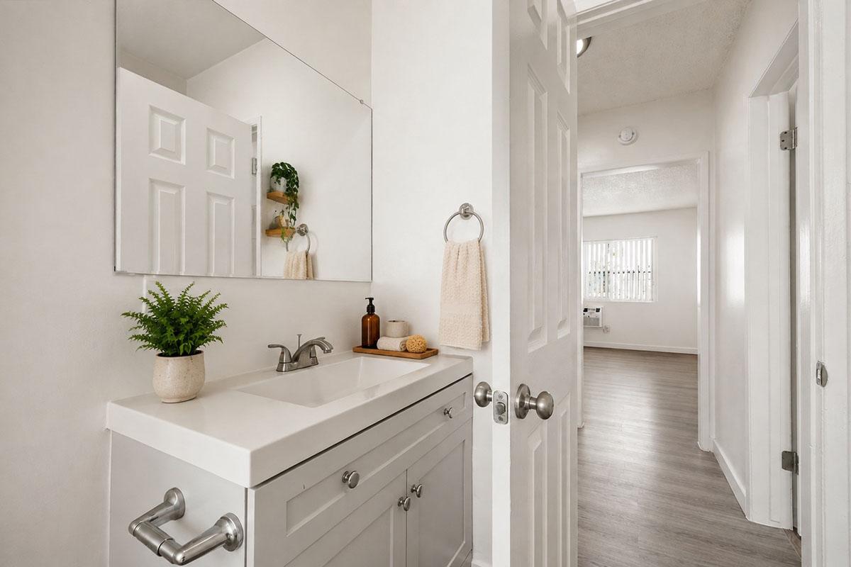 A clean and modern bathroom featuring a white vanity with a sink, a wall-mounted mirror, and decorative plants. A hand towel hangs on a ring, and a soap dispenser is placed beside a small plant on the vanity. The door leads to a well-lit room with a window in the background.