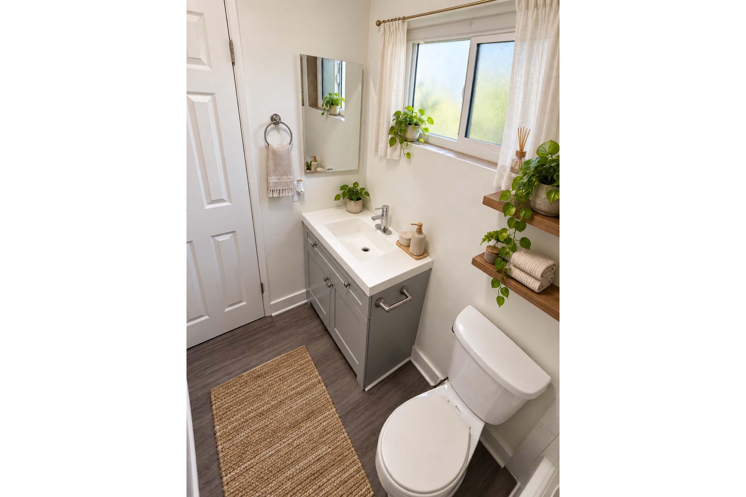 A modern bathroom featuring a white vanity with a sink, a large mirror, and shelves with decorative plants. A neutral-colored rug is placed on the floor, and a white toilet is nearby. Natural light enters through a window with sheer curtains, creating a bright and airy atmosphere.