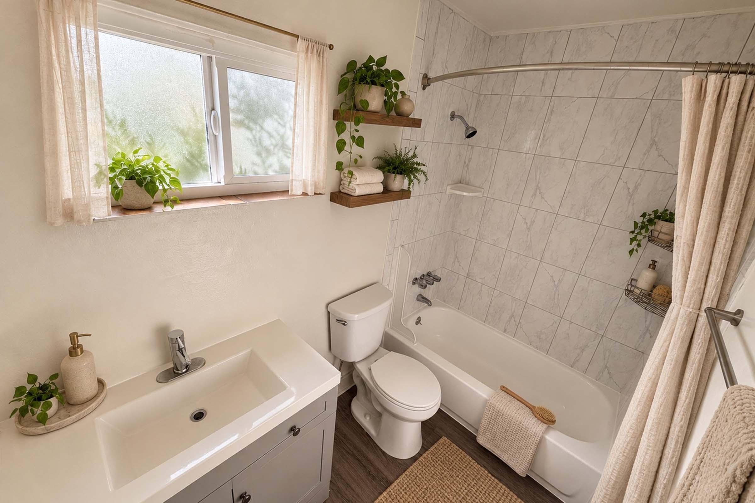 A modern bathroom featuring a bathtub with a shower, a toilet, and a stylish sink with a faucet. The space is decorated with potted plants on shelves, beige curtain drapes, and a neutral color palette. Natural light streams in through a window, creating a bright and inviting atmosphere.