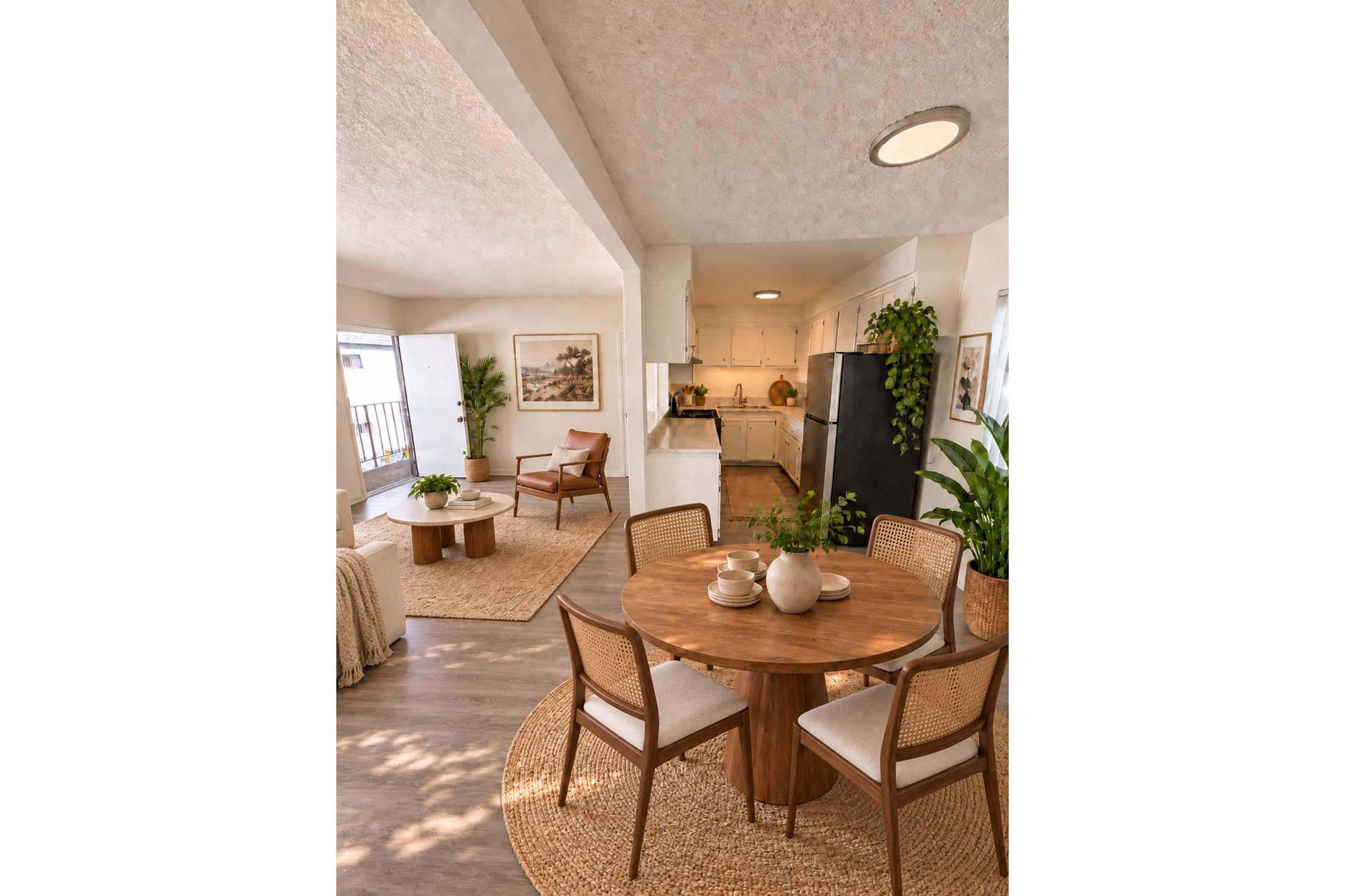 A cozy, modern living space featuring a round wooden dining table set with dishes, surrounded by four chairs. The room has a warm color palette, with two comfortable chairs, plants, and a textured rug. A kitchen area is visible in the background, illuminated by natural light from large windows.