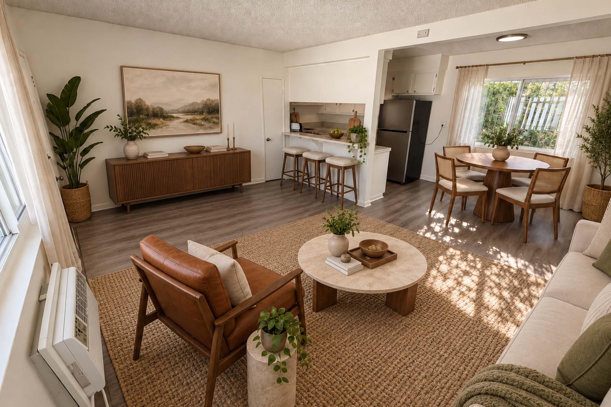 A modern, bright living space featuring a cozy seating area with two chairs and a coffee table, a dining area with a round table and four chairs, and a kitchen bar with stools. Natural light streams in through large windows, highlighting the warm wood tones and decorative plants. A soft area rug adds warmth to the floor.