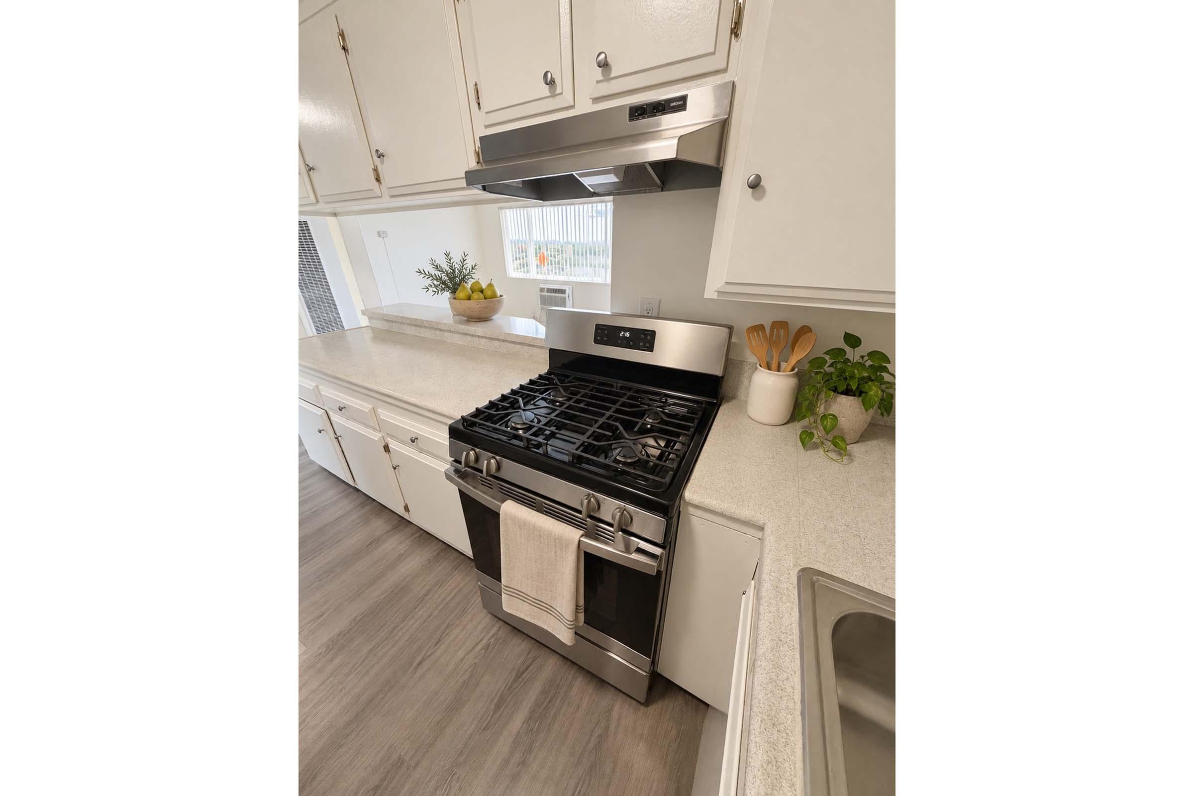 A modern kitchen featuring a stainless steel gas stove with a sleek design, located next to a white countertop. Above the stove, there is a stylish hood. The kitchen cabinets are white, and a small potted plant and a utensil holder can be seen on the countertop, creating a clean and inviting atmosphere.