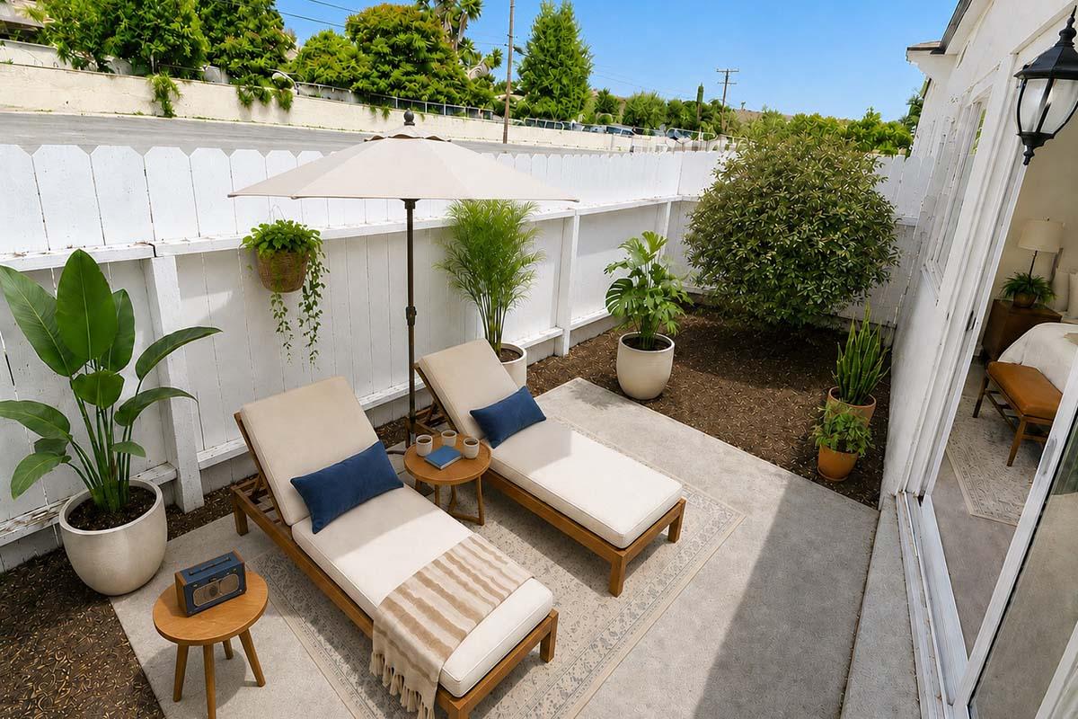 A serene outdoor space featuring two beige lounge chairs with navy blue cushions, an umbrella providing shade, and potted plants around. A small table holds two drinks, and a radio rests nearby, all set against a white fence and bright blue sky, creating a relaxing atmosphere.