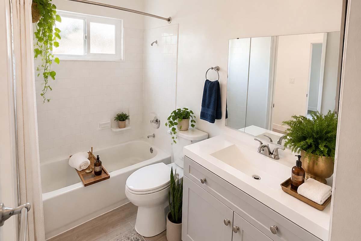 A well-lit bathroom featuring a bathtub with a shower, a modern sink with a large mirror, and a toilet. Decorative elements include potted plants on the countertop and near the bathtub, a towel hanging on a rack, and a tray with toiletries on the sink. The walls are light-colored, creating a fresh and inviting atmosphere.