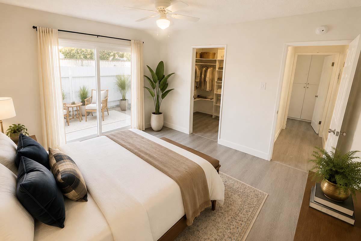A bright, modern bedroom featuring a king-size bed with decorative pillows, a nightstand with a lamp, and large sliding glass doors leading to an outdoor patio. A small indoor plant adds a touch of greenery, and there’s a spacious closet visible through an open door. The overall decor is clean and inviting.