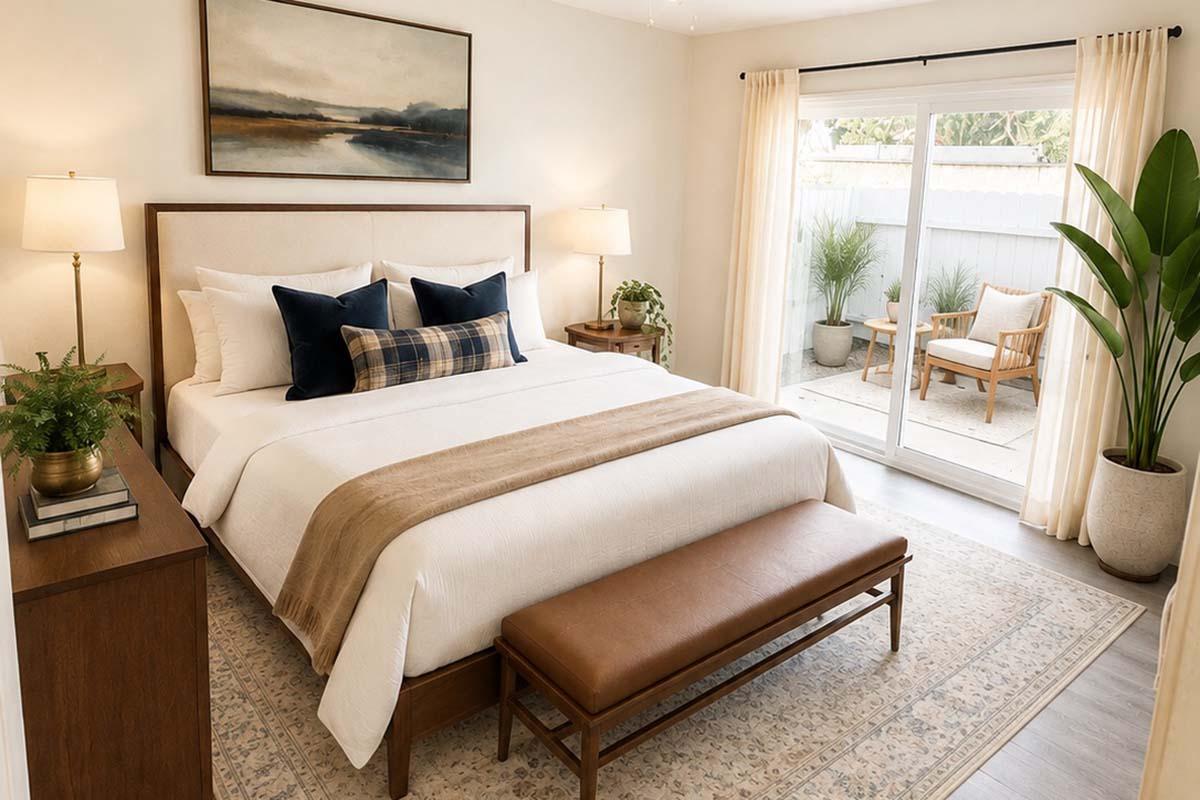 A cozy, modern bedroom featuring a large bed with white bedding and navy accent pillows. A wooden bench is placed at the foot of the bed. A nightstand with a plant and a lamp is on one side. Sliding glass doors lead to a patio with greenery, and soft curtains frame the windows, creating a warm and inviting atmosphere.