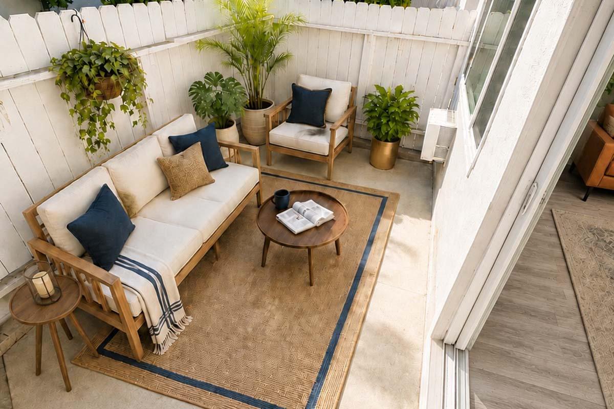 A cozy outdoor seating area featuring a wooden sofa and two armchairs with blue cushions, a round coffee table, and a decorative rug. There are potted plants adding greenery, and a bright, inviting atmosphere with a white fence in the background. Sunlight filters into the space, creating a warm ambiance.