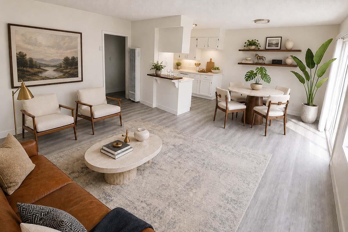 A bright, modern living space featuring a cozy seating area with a brown leather couch and beige armchairs. A round coffee table sits in the center on a light rug. The open kitchen is visible with white cabinets and a small dining area with a round table and chairs. Potted plants add greenery to the decor.