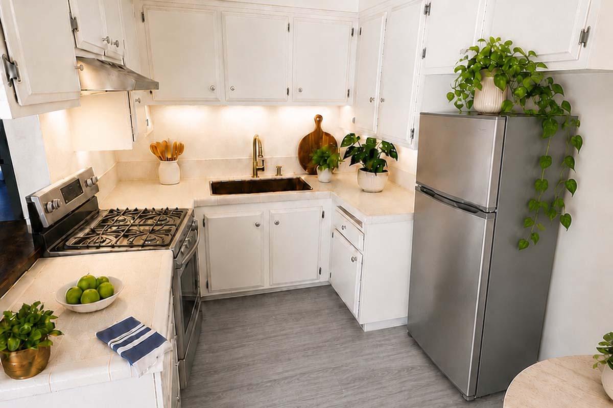 A bright and modern kitchen featuring white cabinets, a stainless steel refrigerator, and a gas stove. The countertops are light-colored, complemented by potted plants and a bowl of green apples. The kitchen has a clean and minimalist design, with a cozy atmosphere.