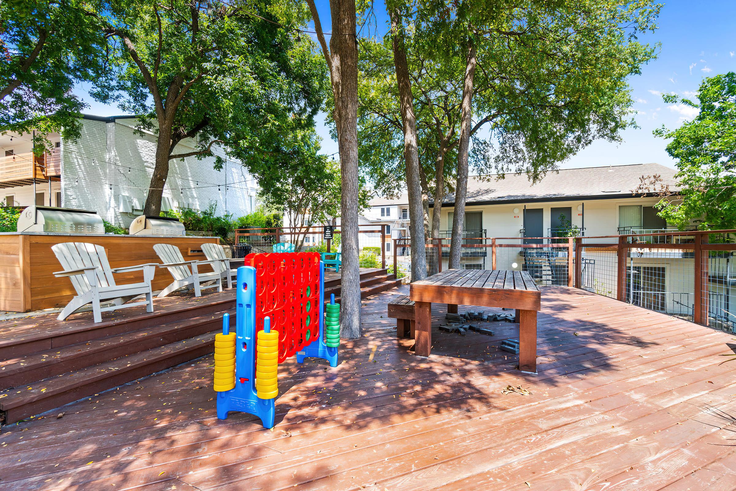 a bench in front of a building