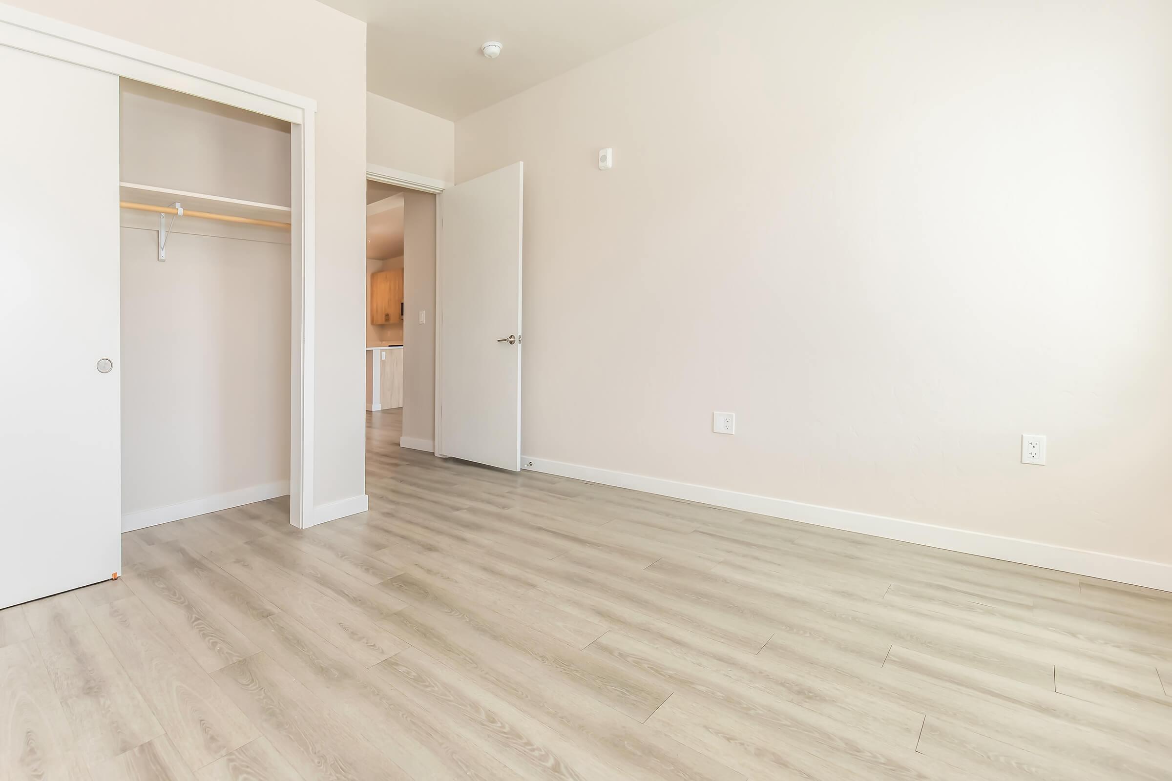 A spacious, empty room with light-colored walls and light wood flooring. There's a closet with sliding doors on one side, and a three-quarter open door leading to another area. Natural light fills the space, creating a bright atmosphere. The overall feel is modern and minimalistic.