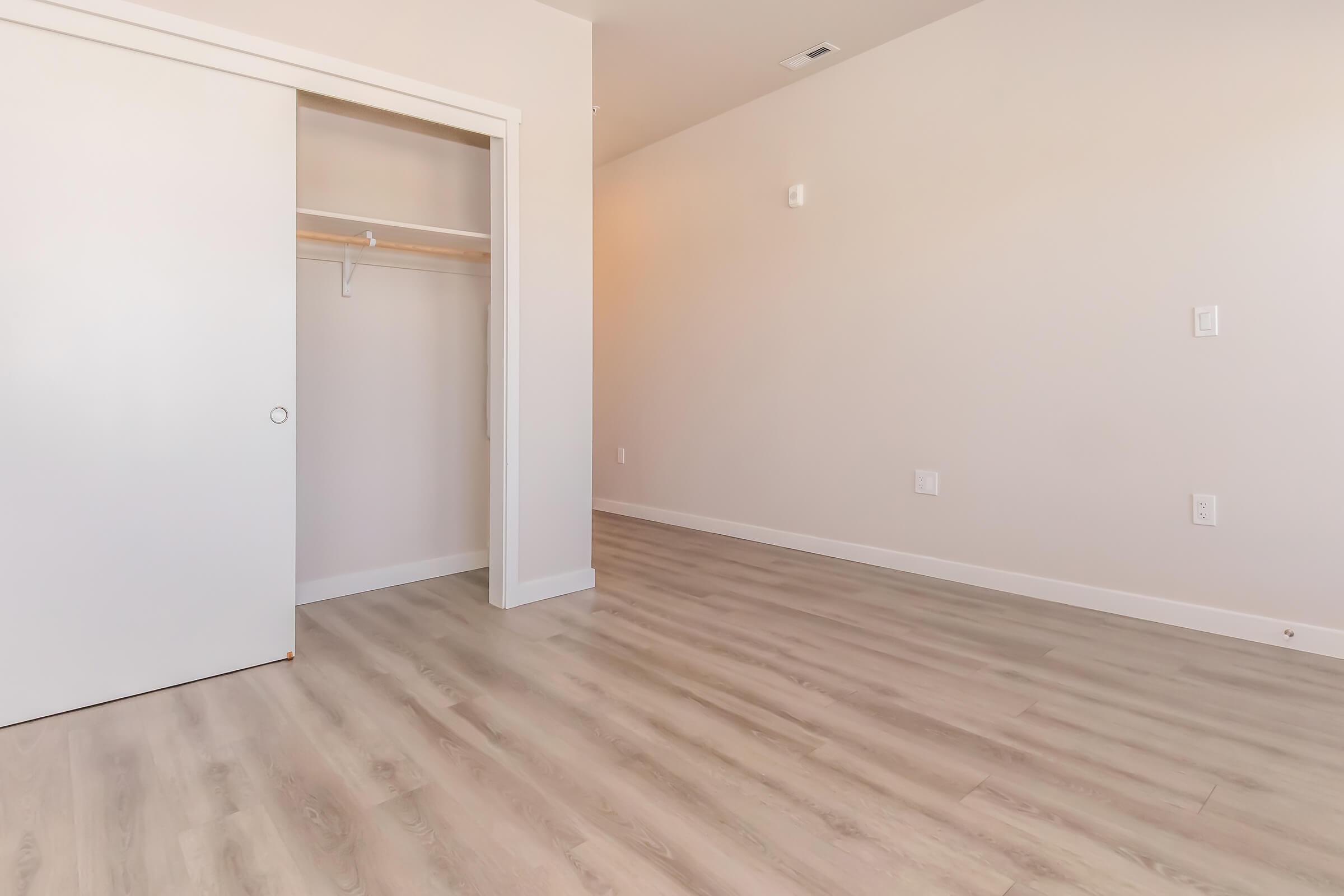A clean, empty room with light-colored walls and a large closet. The floor is a light, wooden laminate, and there is an unobstructed view of the space, emphasizing its spaciousness and simplicity. Natural light brightens the area, creating an open and airy atmosphere.