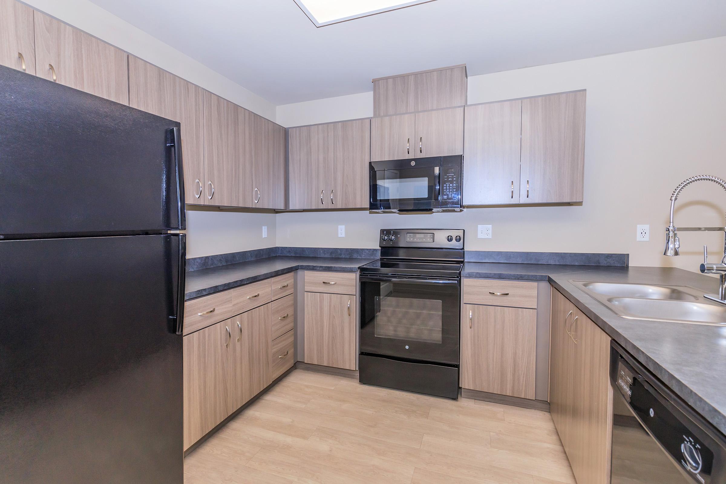 Modern kitchen featuring wooden cabinetry, black appliances including a refrigerator, stove, and microwave, with a double sink and countertops, all designed in a functional layout with neutral wall color and ample storage space.