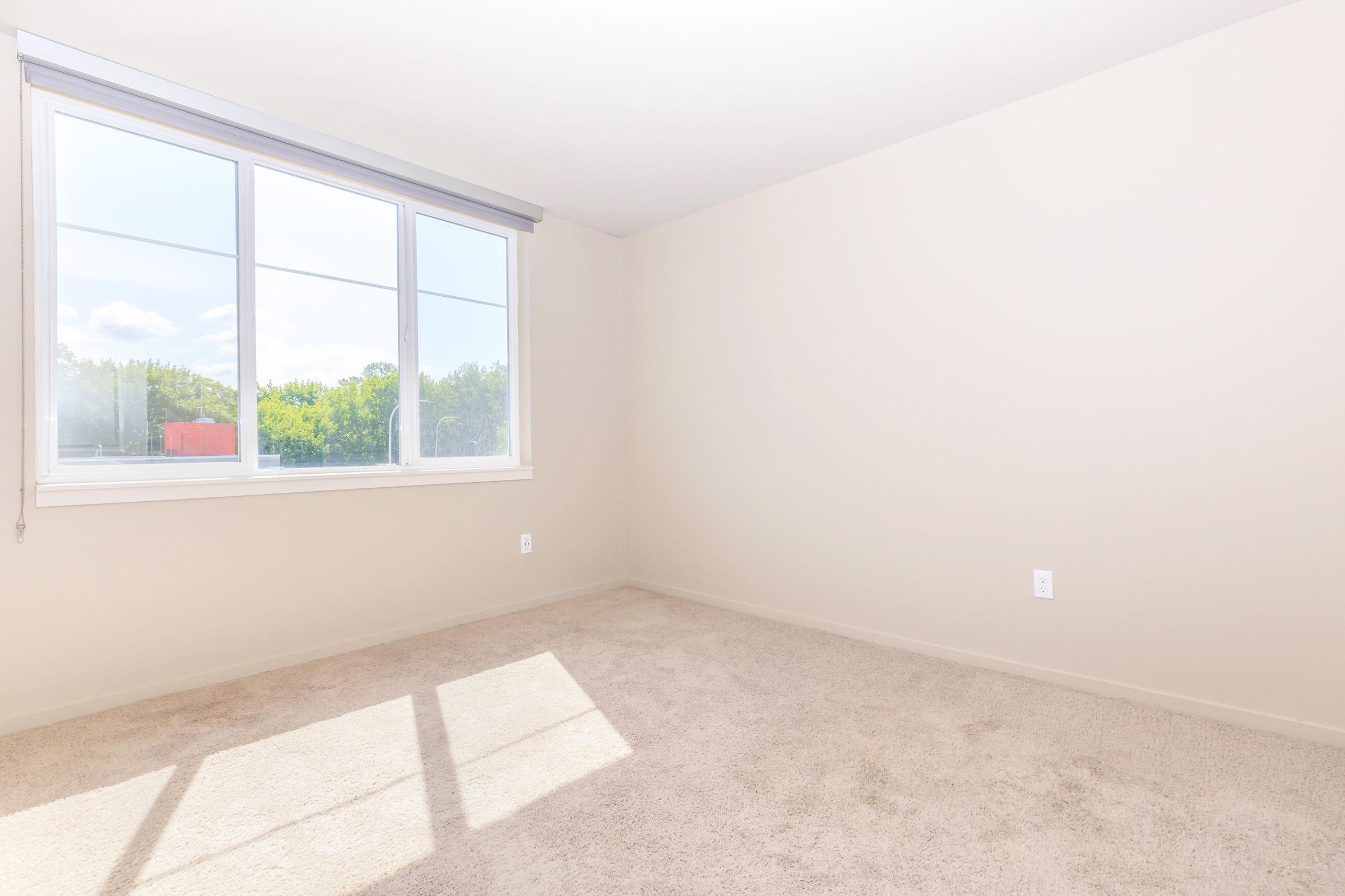 Empty room with light beige walls and a large window letting in natural sunlight. The floor is carpeted in a light tone, and there are no furniture or decorations present. Shadows are cast on the floor from the sunlight.
