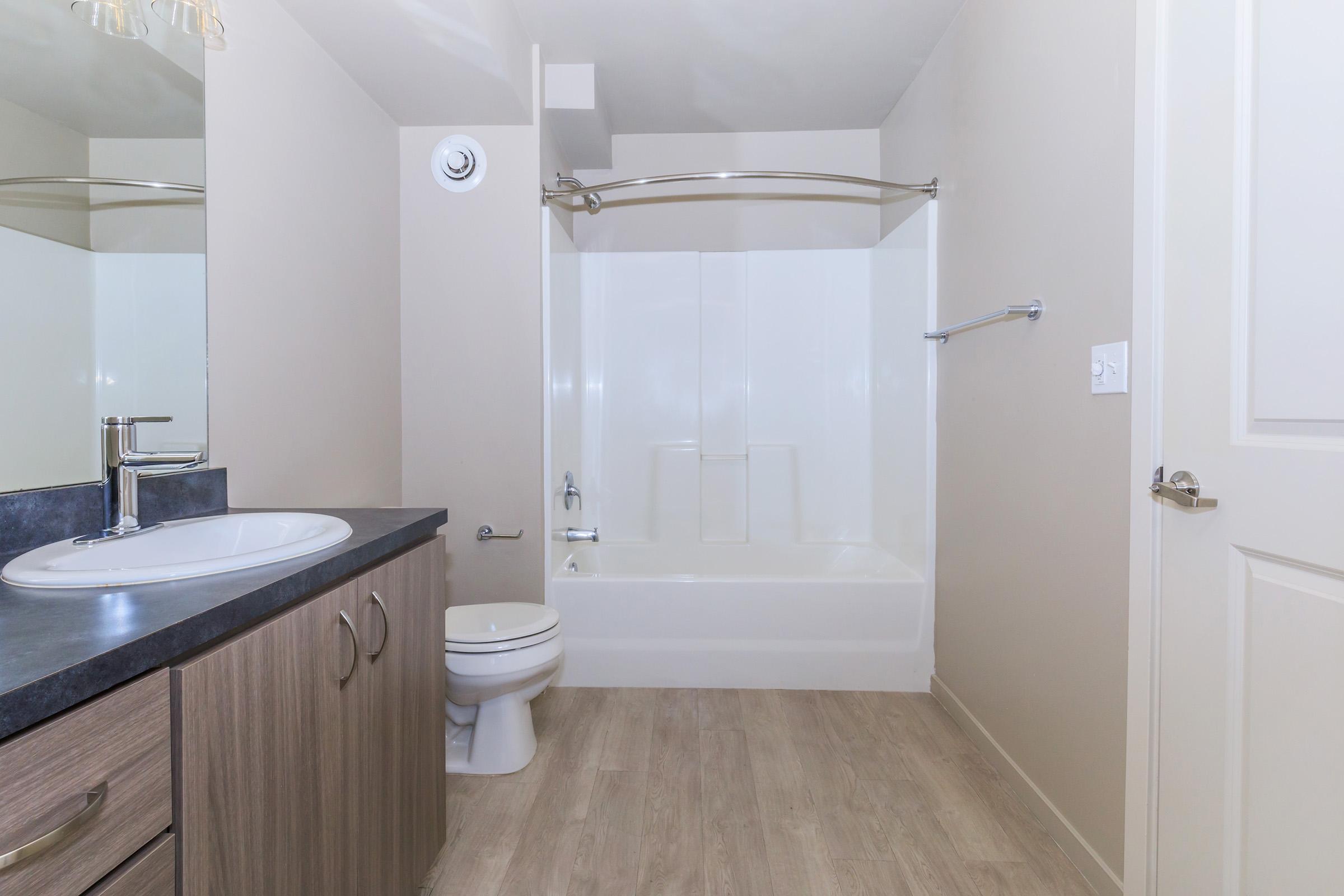 A clean, modern bathroom featuring a bathtub with a shower, a sink with a vanity, and a toilet. The walls are painted in a light neutral color, and the floor is a light wood-like laminate. A large mirror above the sink reflects the room, and a towel bar is installed next to the bathtub.