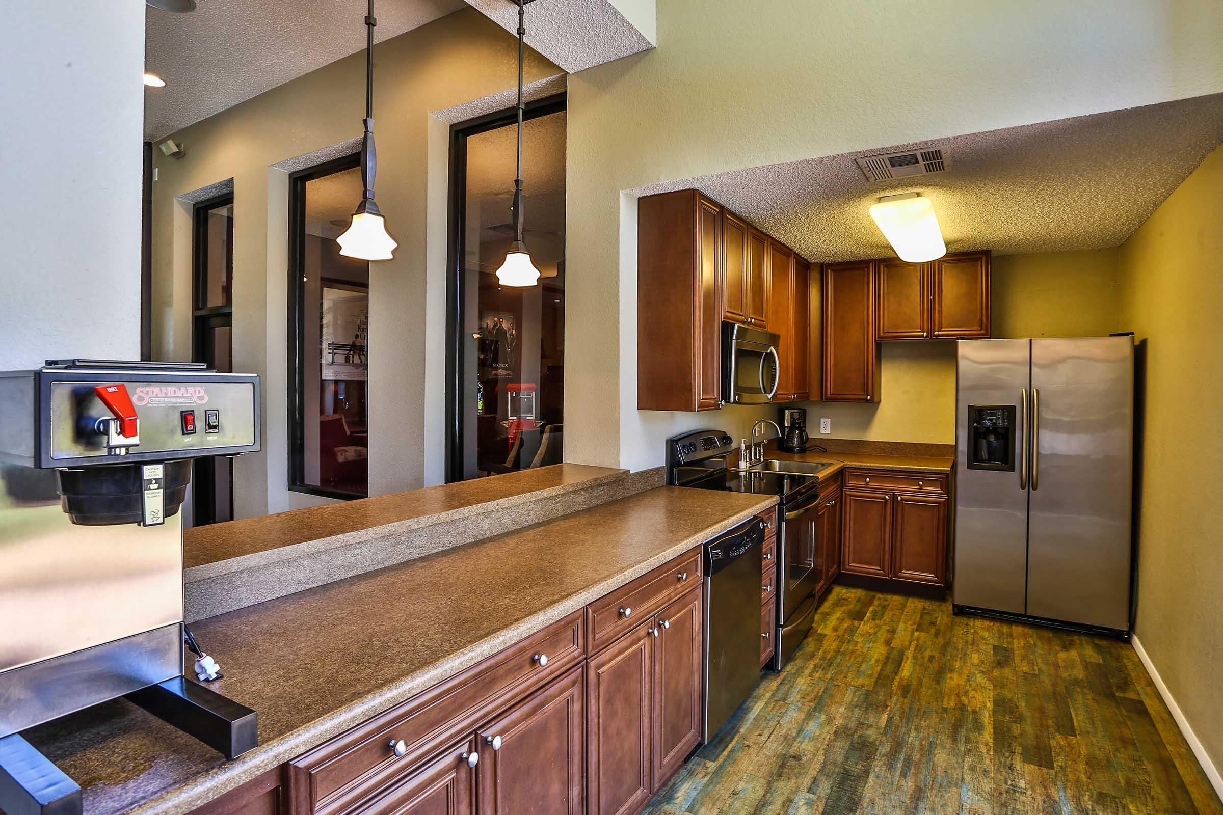 Modern kitchen featuring dark wood cabinets, stainless steel appliances, and a large countertop. The room has pendant lighting and a spacious layout, with a refrigerator, stove, and dishwasher visible. Large windows allow natural light to brighten the space.