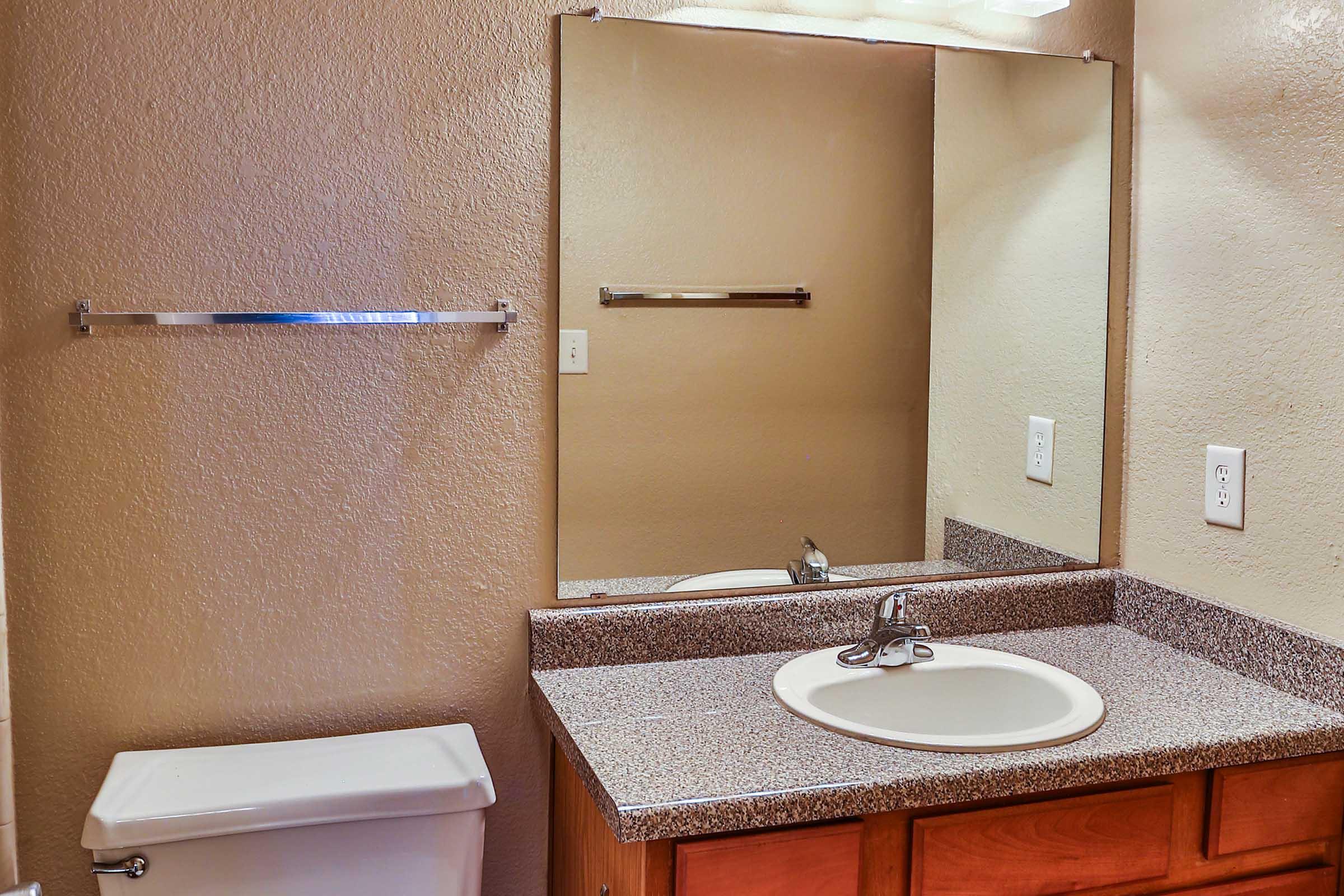 A well-lit bathroom with a mirror above a sink, featuring a granite countertop. To the left, there is a white toilet and on the wall, a chrome towel bar. The walls are painted a light neutral color, creating a clean and modern look.