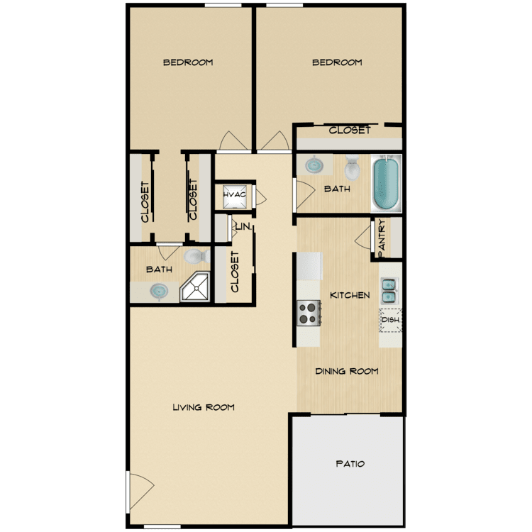 Palm Lane 2, a 2 bedroom 2 bathroom floor plan.