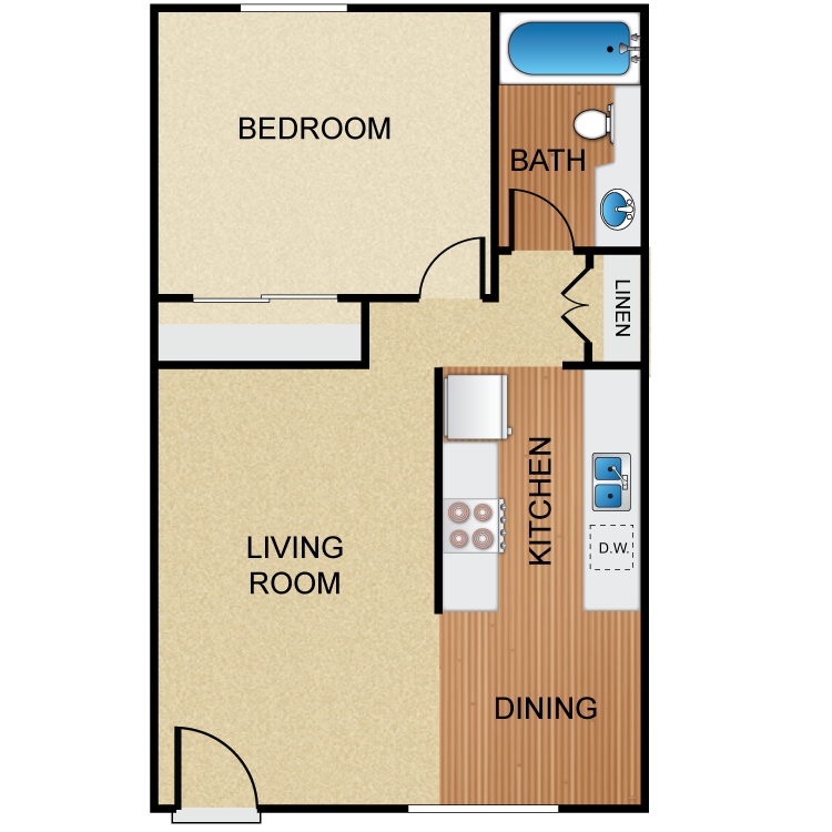 Seville 1, a 1 bedroom 1 bathroom floor plan.