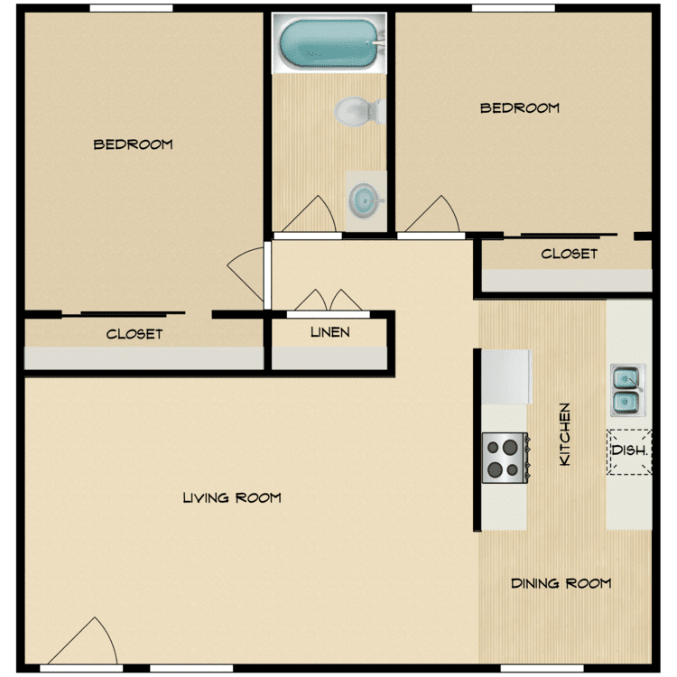 Seville 2, a 2 bedroom 1 bathroom floor plan.