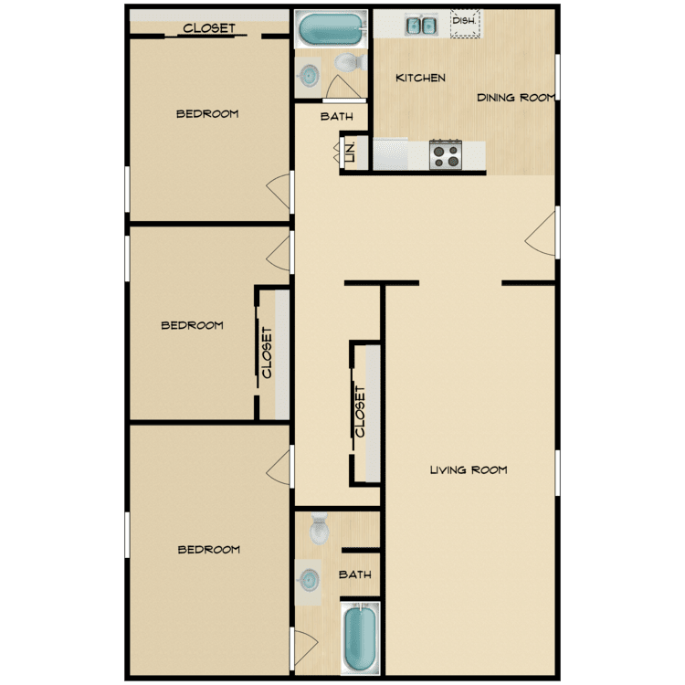 Seville 3, a 3 bedroom 2 bathroom floor plan.