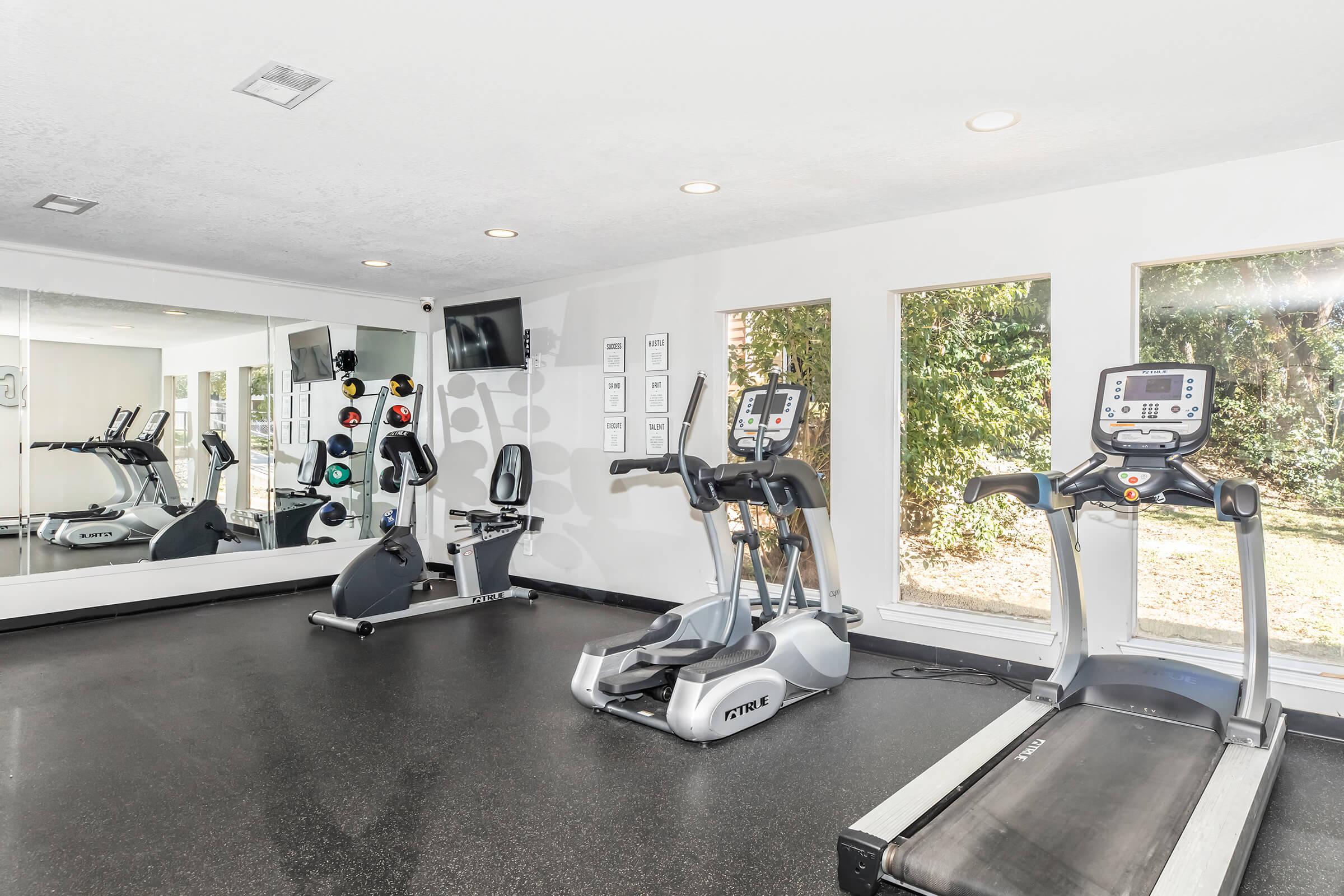 A modern fitness room featuring a treadmill, an elliptical machine, and a stationary bike. Large windows allow natural light to fill the space, and mirrors on one wall enhance the openness. A television is mounted on the wall, creating a motivating workout environment.