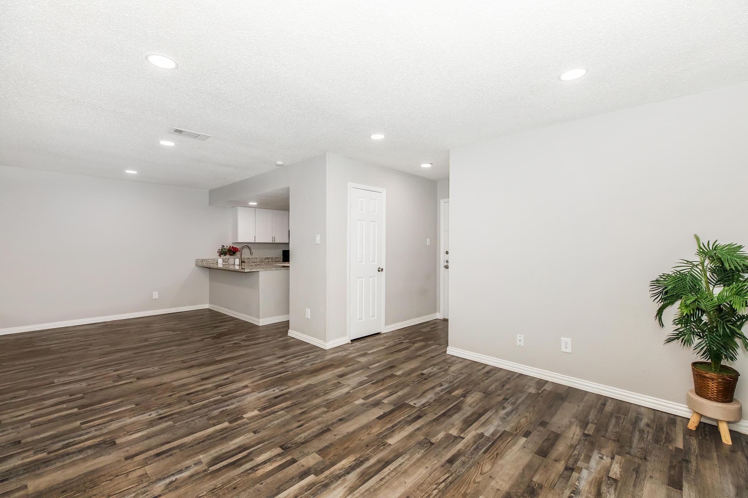 Spacious interior view of a modern apartment with wood-like flooring, featuring a light-colored wall, recessed lighting, and a small potted plant. A doorway leads to a kitchen area in the background, showcasing a clean and inviting living space.