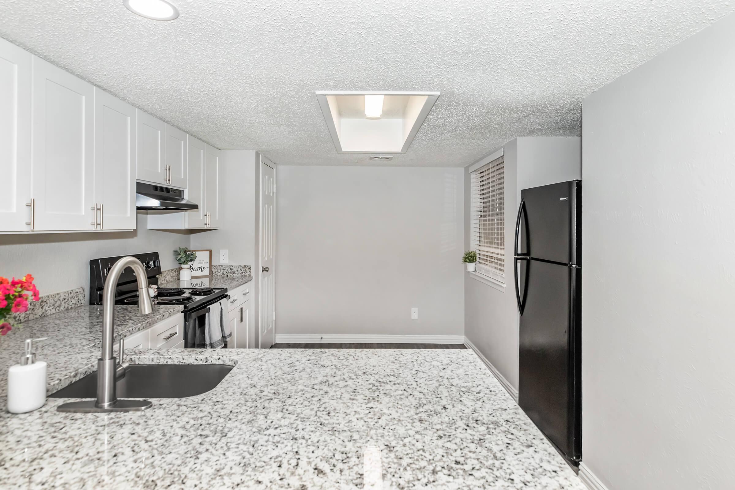 A modern kitchen with granite countertops, featuring white cabinets, a black refrigerator, and a stainless steel sink. Decorative flowers in a pot are placed on the countertop, and there is a window with blinds providing natural light. The space is well-lit and has a clean, contemporary design.