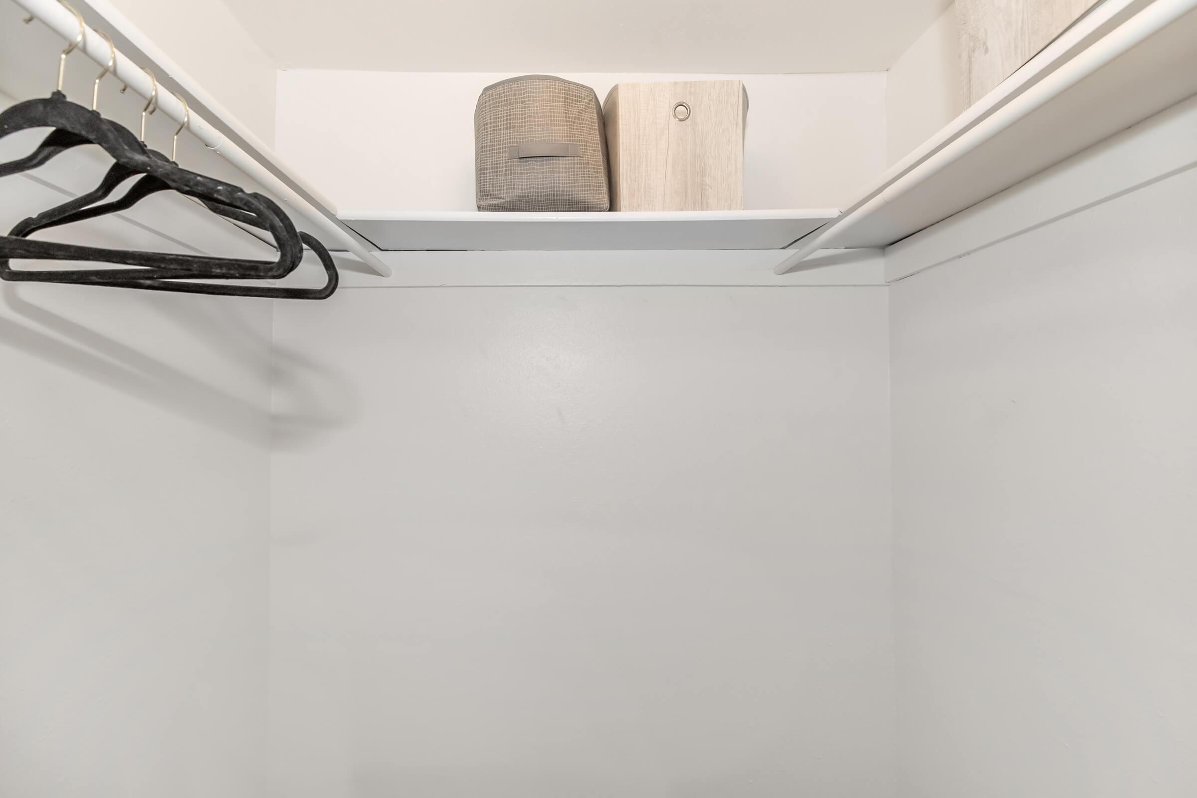 A minimalistic closet with a white interior featuring two shelves. On the upper shelf, there are two storage boxes. Below, a black hanger is visible, while the rest of the space is empty, emphasizing simplicity and organization.