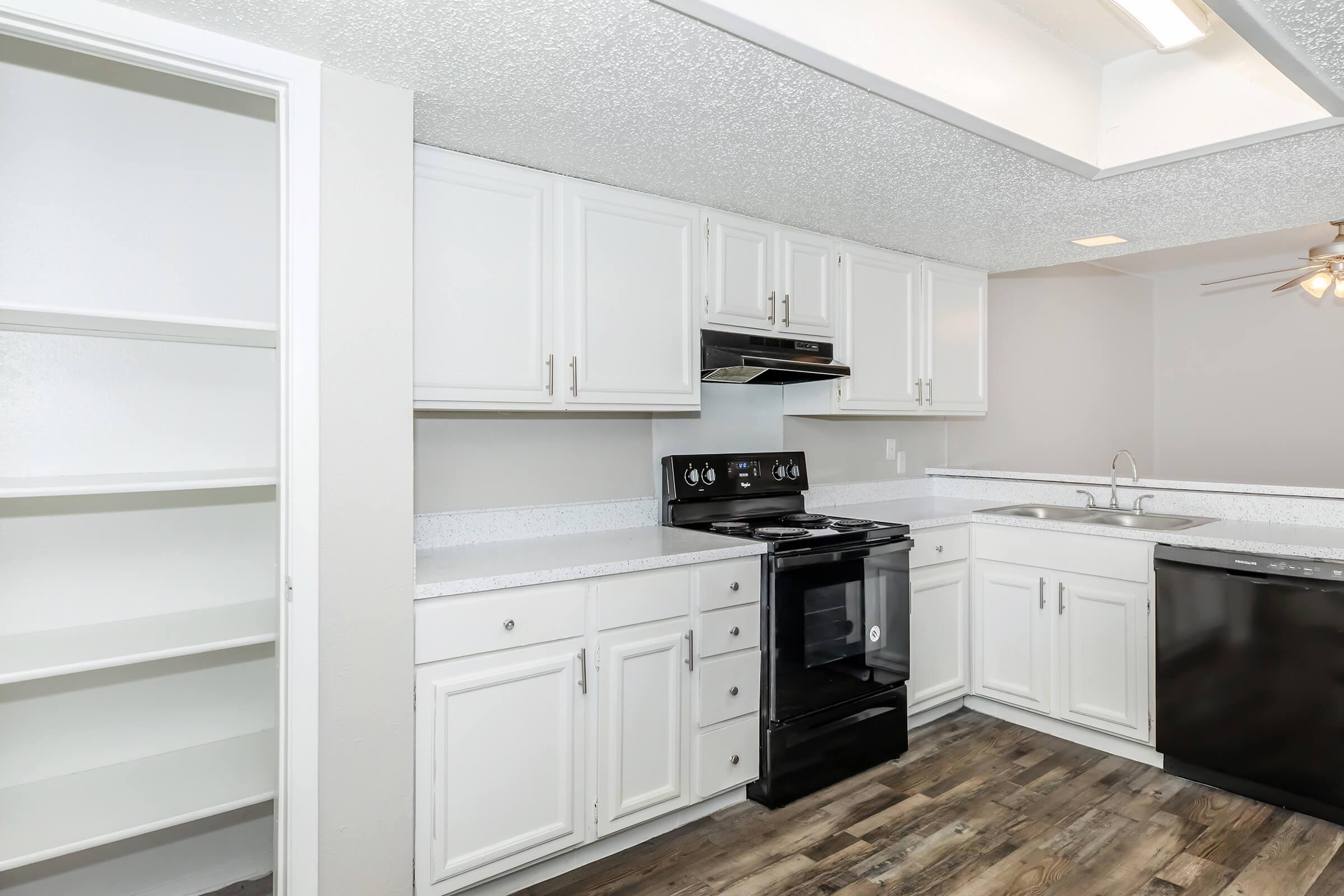 Modern kitchen with white cabinetry and light countertops. Features a black stove, black dishwasher, and a double sink. There is a pantry or storage space on the left with shelves. The flooring is a warm wood tone, and the space is well-lit with ceiling lights.