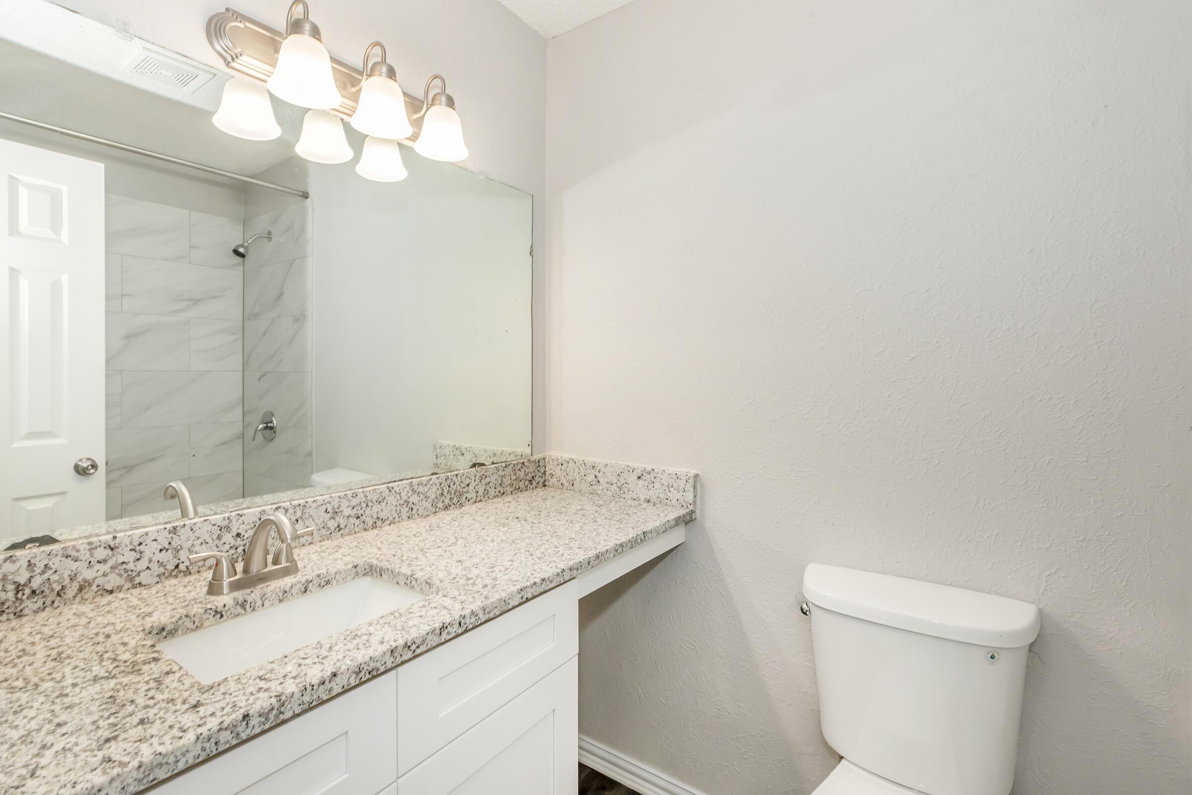A modern bathroom featuring a marble countertop with a sink, a large mirror above it, and a light fixture with three bulbs. To the right, there is a white toilet. The walls are painted light gray, and the overall setting appears clean and well-maintained. A shower can be seen in the background.