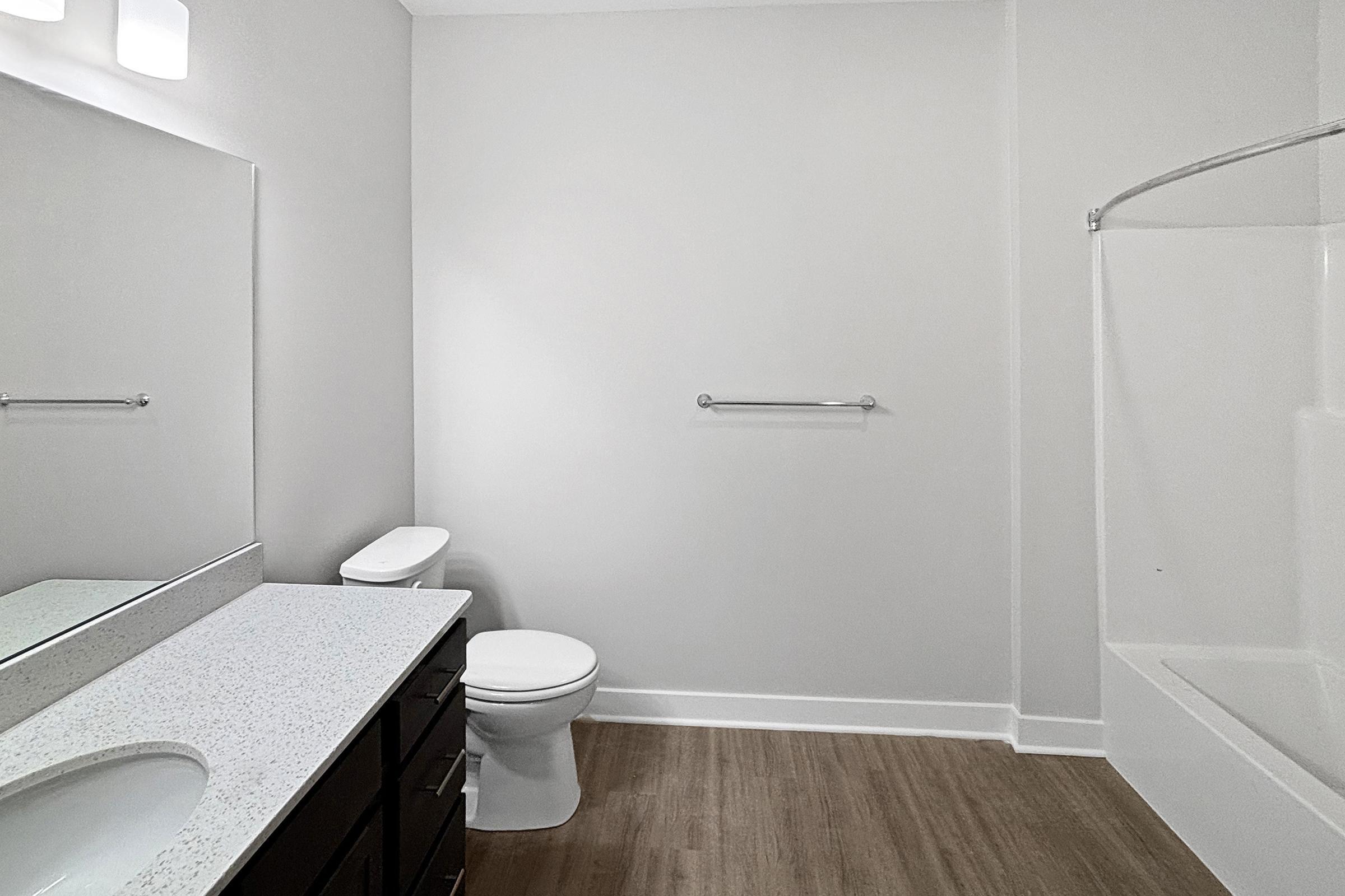 A modern bathroom featuring a white bathtub, a sleek toilet, and a vanity with a mirror and sink. The walls are painted in a light color, and the floor is a warm-toned wood laminate. Two light fixtures are mounted above the mirror, providing ample illumination.