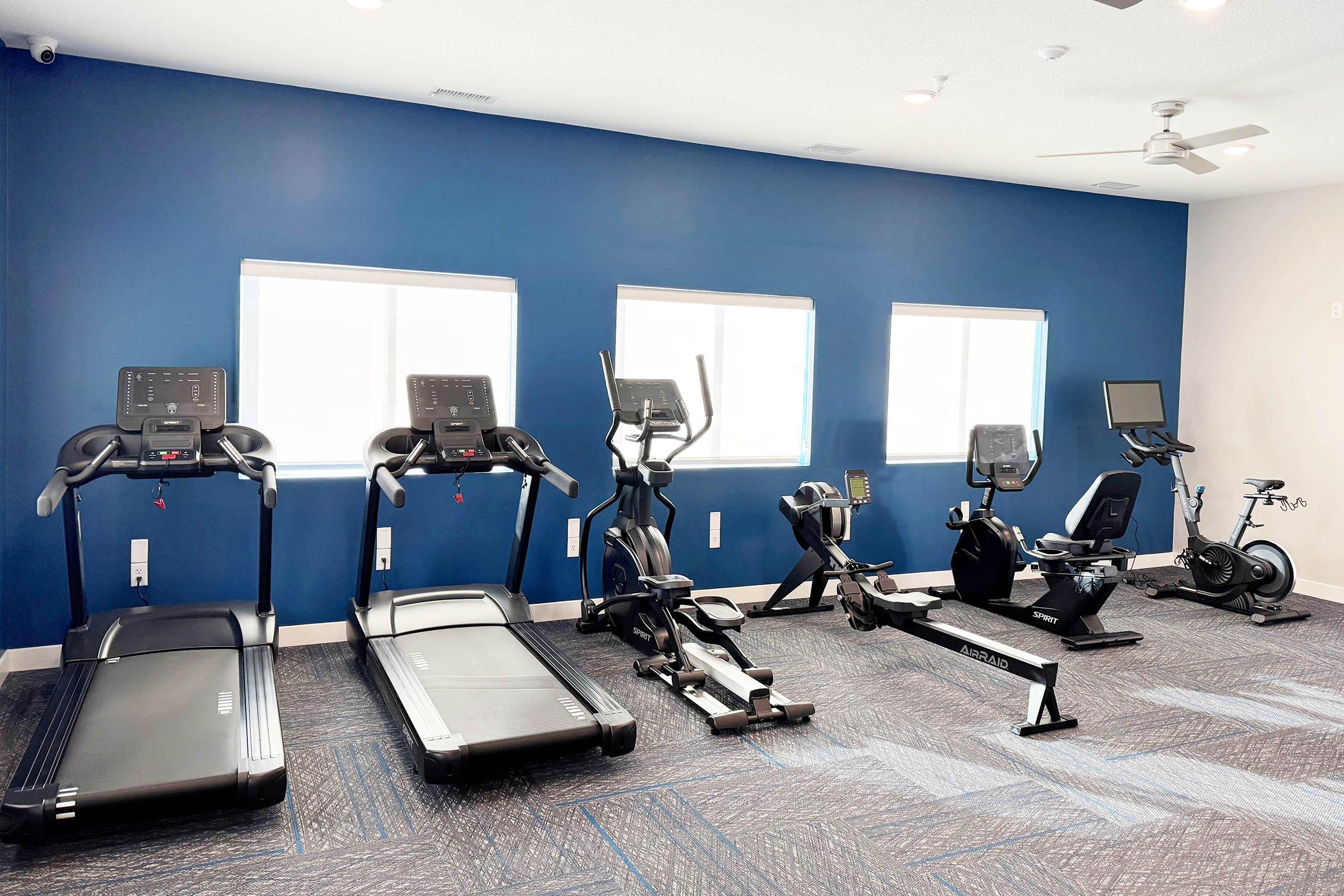 A bright, modern gym with a blue accent wall featuring three treadmills, an elliptical machine, a stationary bike, and a rowing machine, all arranged neatly in front of large windows that let in natural light. The space has a clean, inviting atmosphere ideal for workouts.