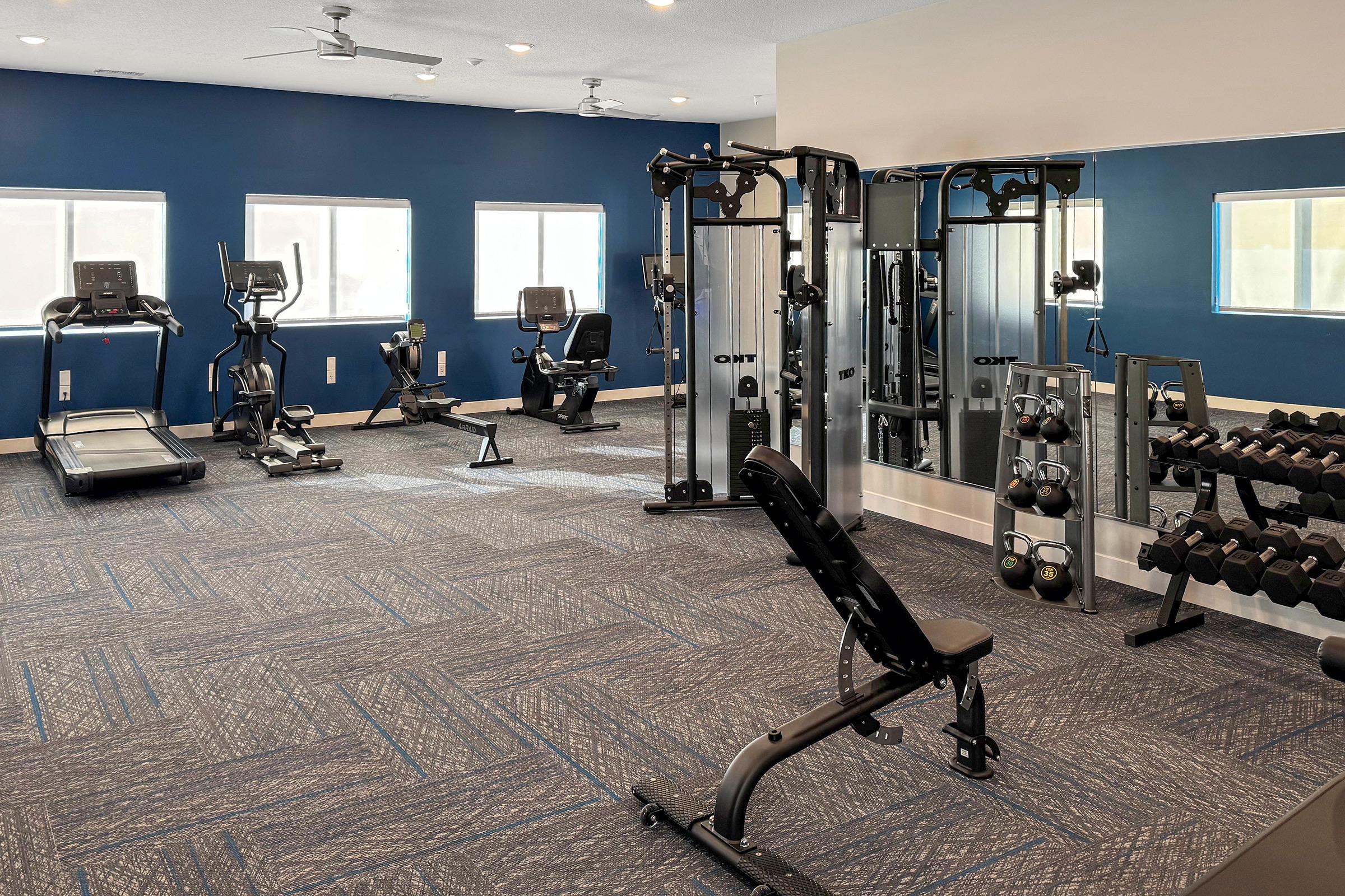 A modern gym interior featuring various exercise equipment, including treadmills, elliptical machines, strength training machines, and free weights. The room is well-lit with blue walls and large windows, creating a spacious and inviting workout environment. A bench is positioned in the center for weight training.