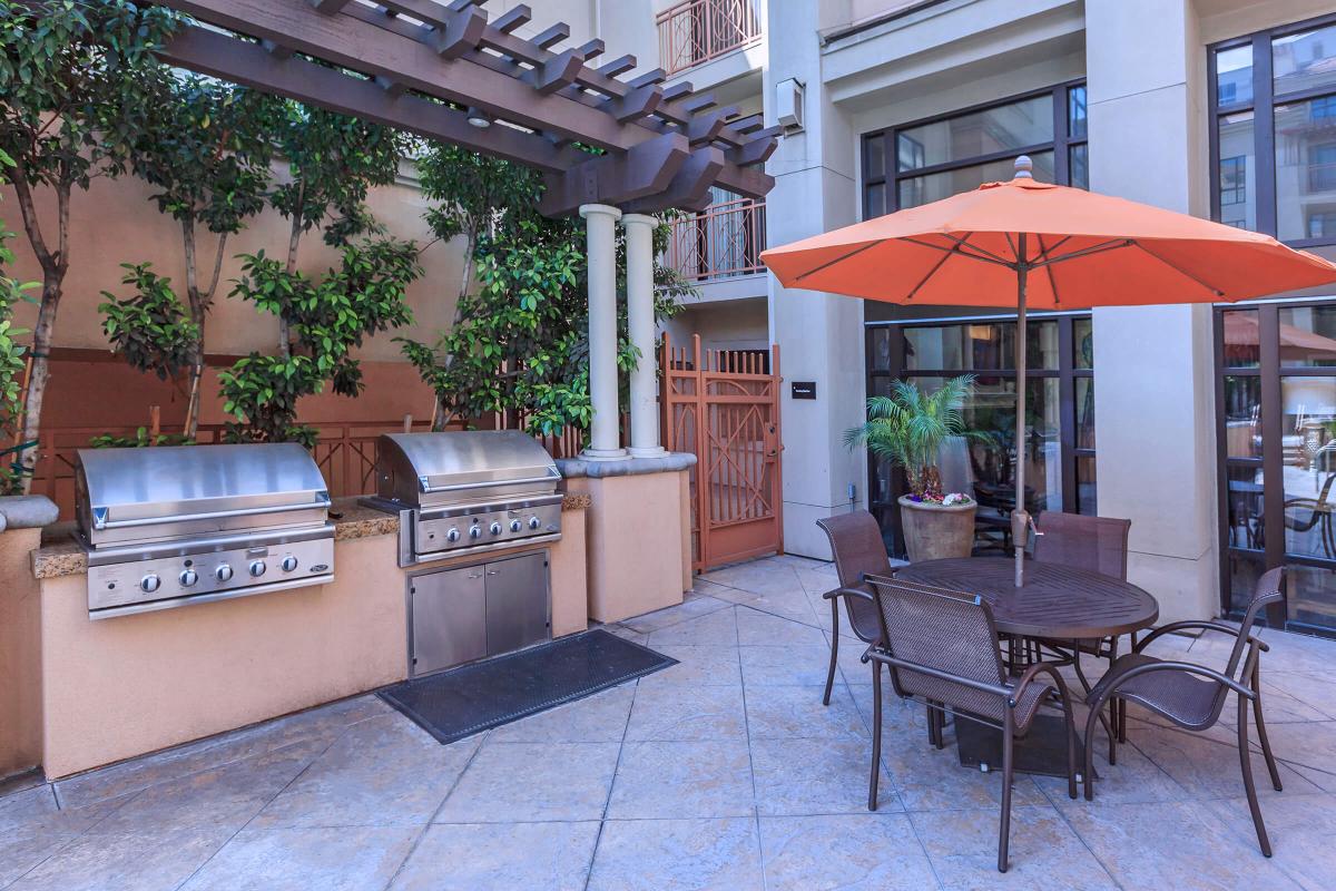 a dining room table in front of a building