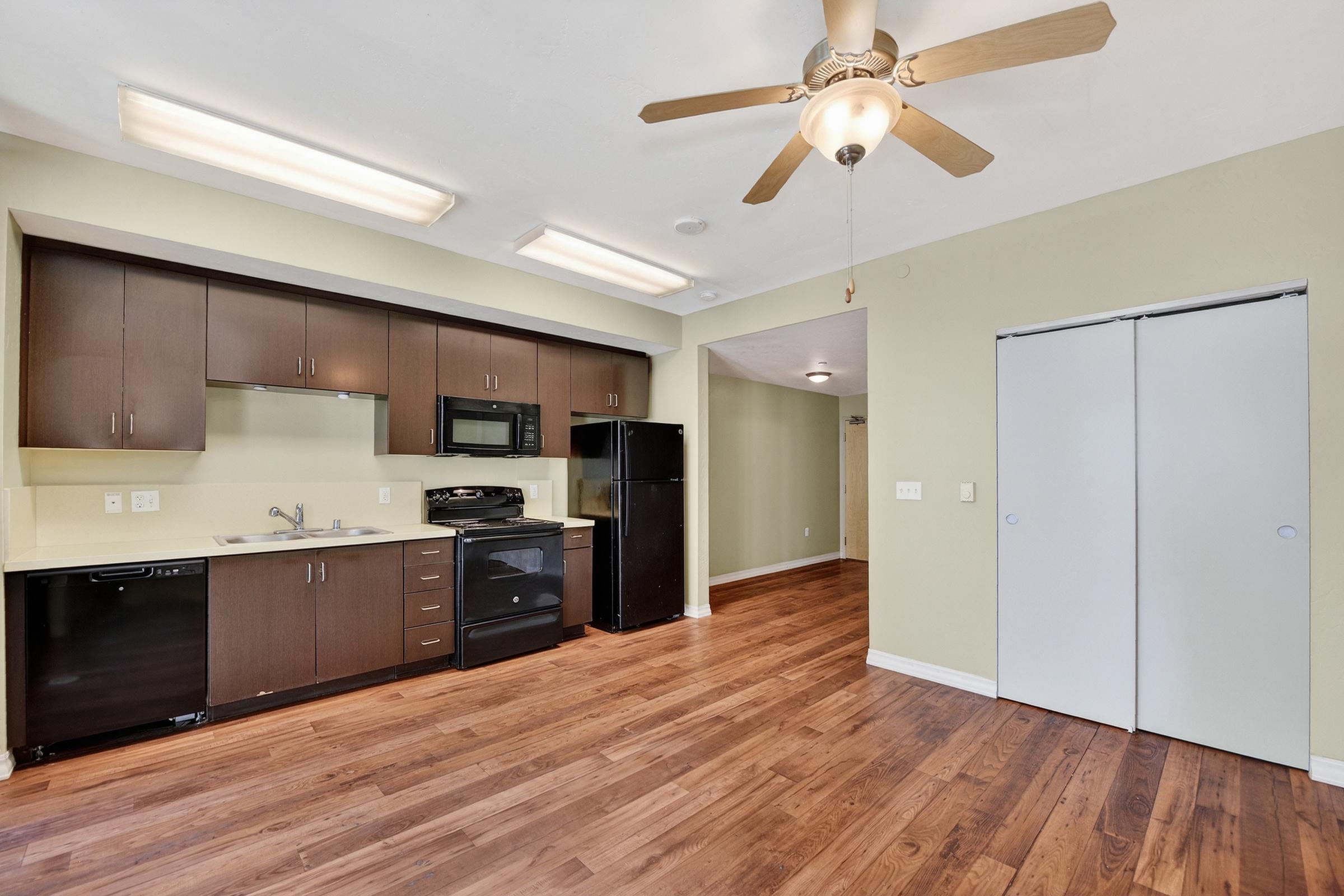 Modern kitchen with dark wood cabinets, black appliances including a stove and microwave, and a ceiling fan. The space features hardwood flooring and light green walls, with an open layout leading to another room. Two white closet doors are visible in the background.