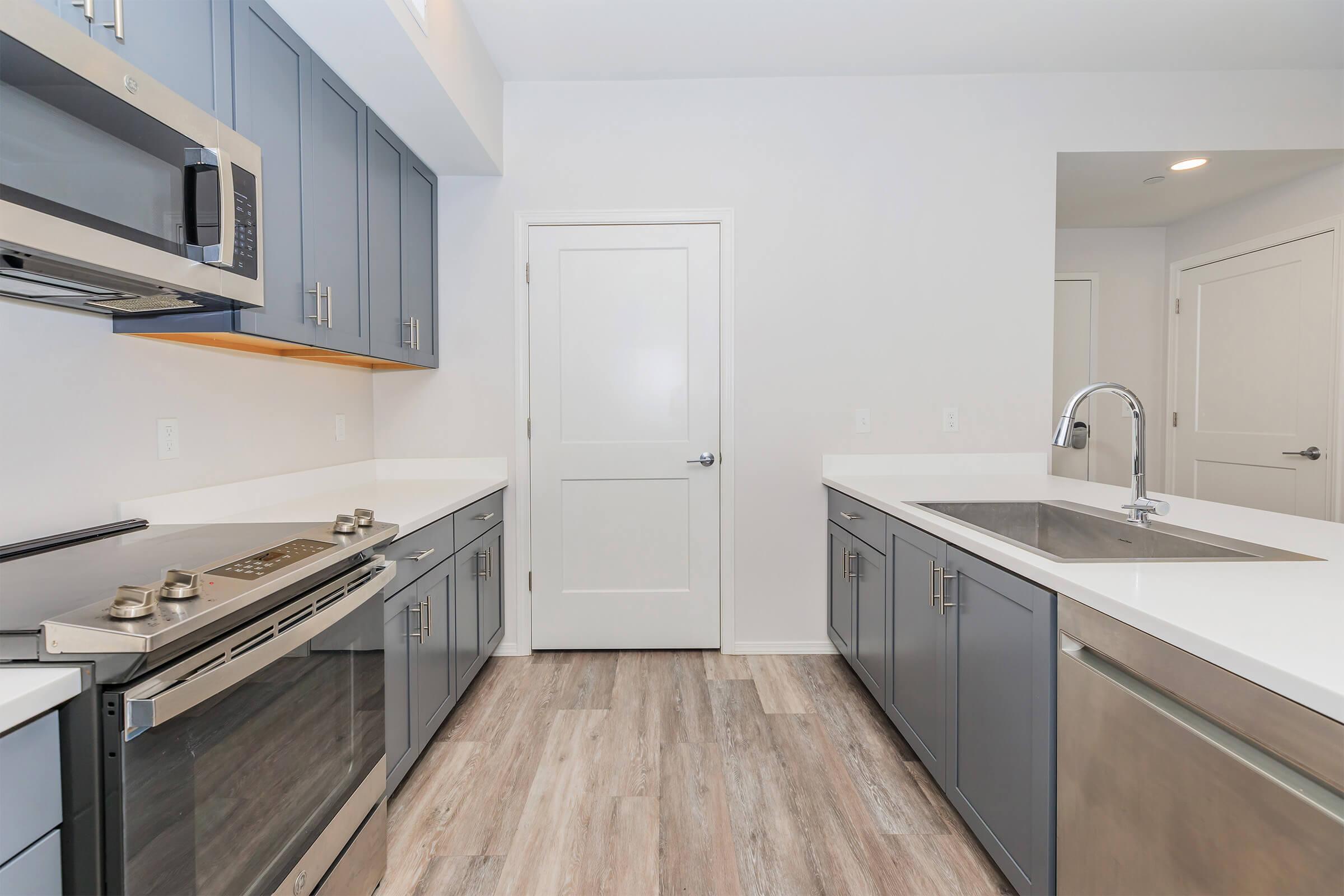 Modern kitchen featuring gray cabinetry, stainless steel appliances, a large stainless steel sink, and a spacious countertop. The layout includes an oven, stove, and a door leading to another room, with light-colored walls and wood-look flooring.