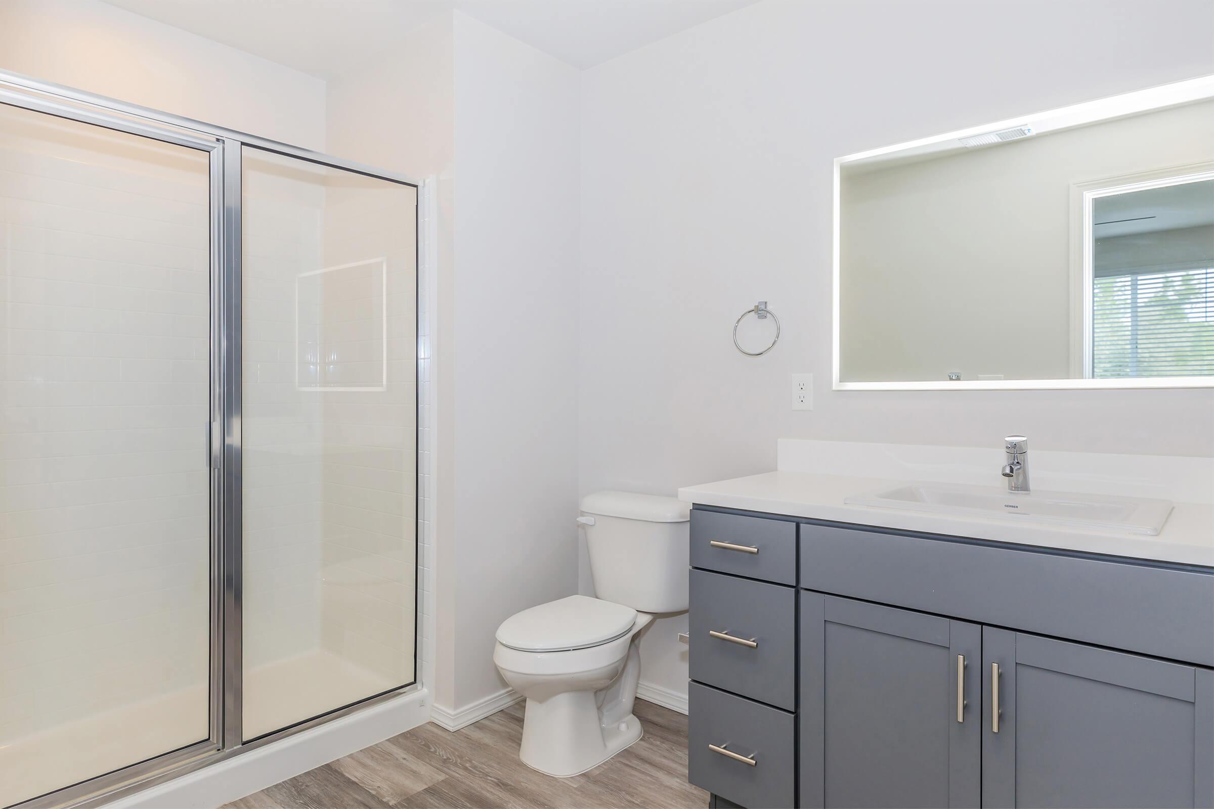Modern bathroom featuring a glass shower enclosure, a white toilet, and a sleek vanity with grey cabinetry. Natural light filters in through a window. The decor is minimalist with neutral tones, showcasing clean lines and contemporary design.